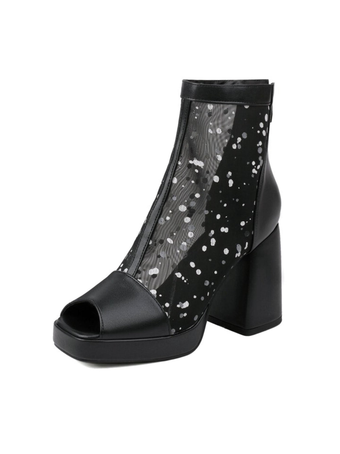 Black open-toe boot with mesh design
