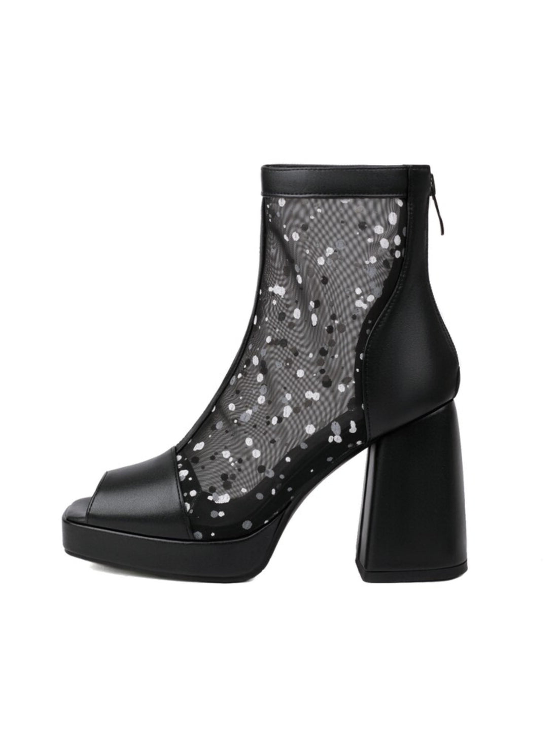Black open-toe boot with mesh design