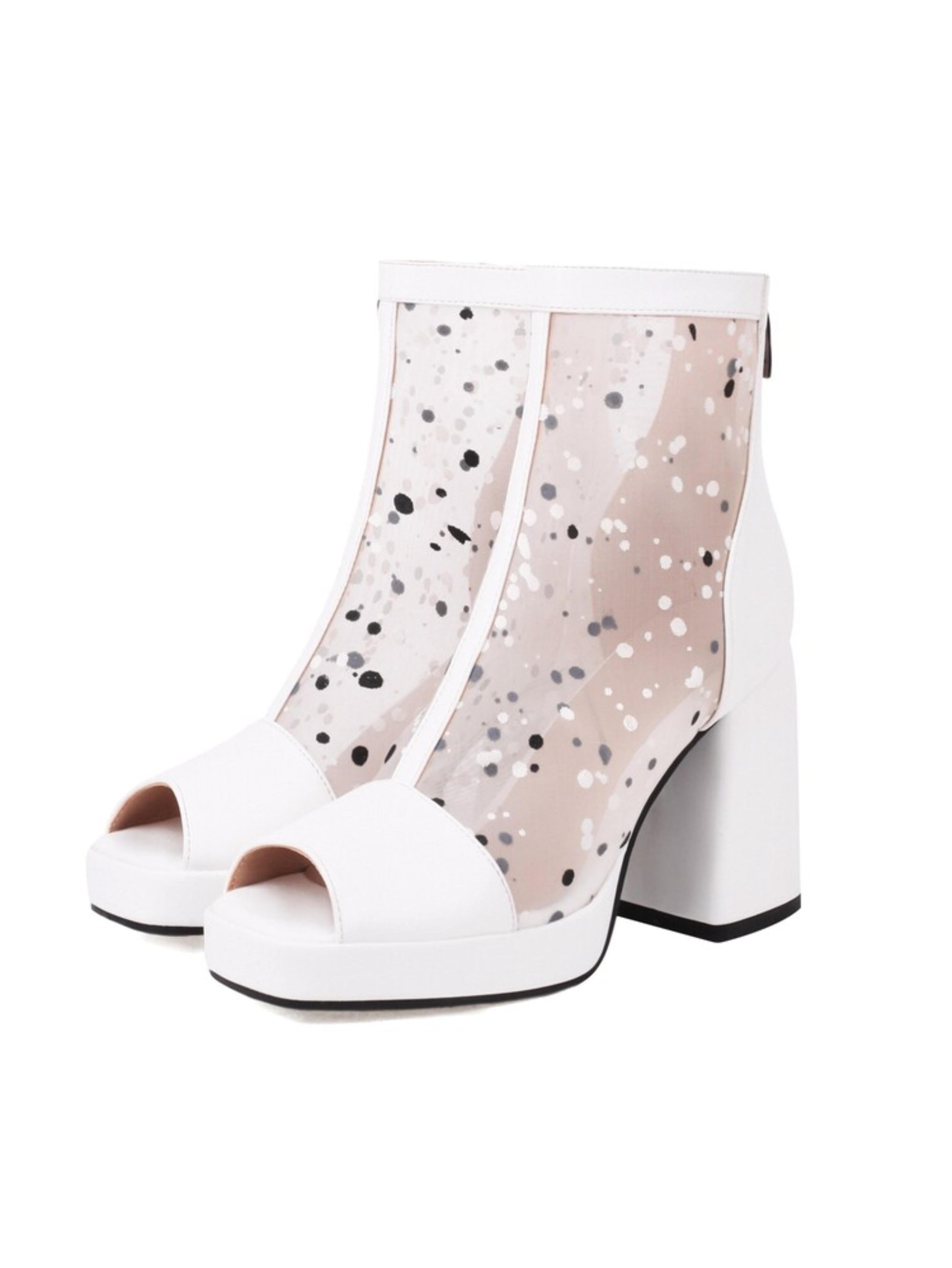 White open-toe shoes with sheer polka dot