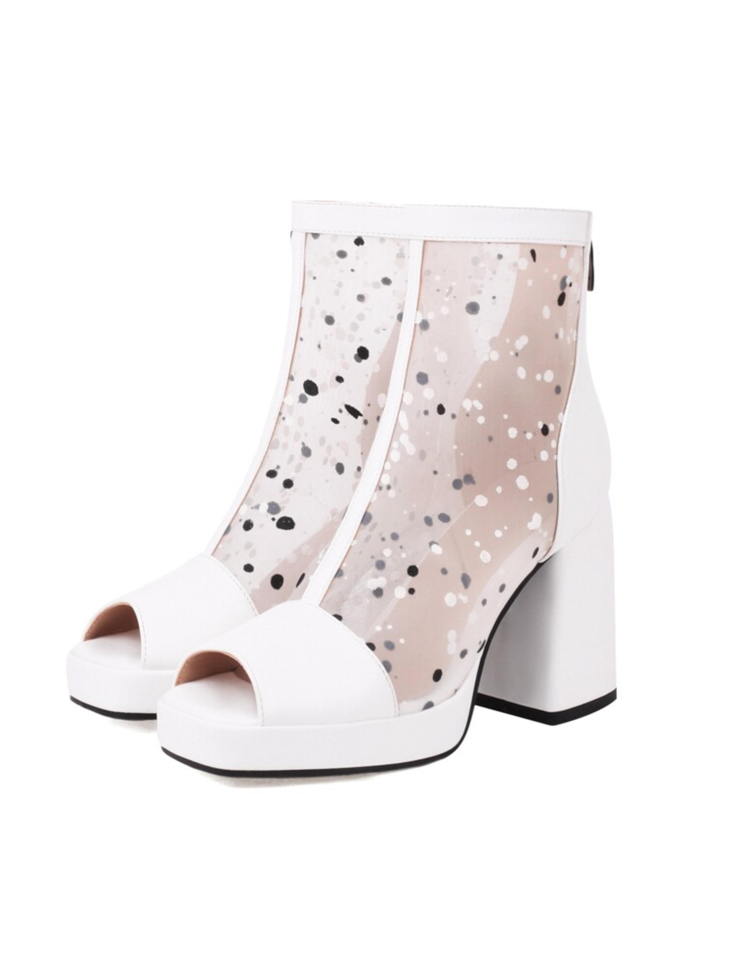 White open-toe shoes with sheer polka dot