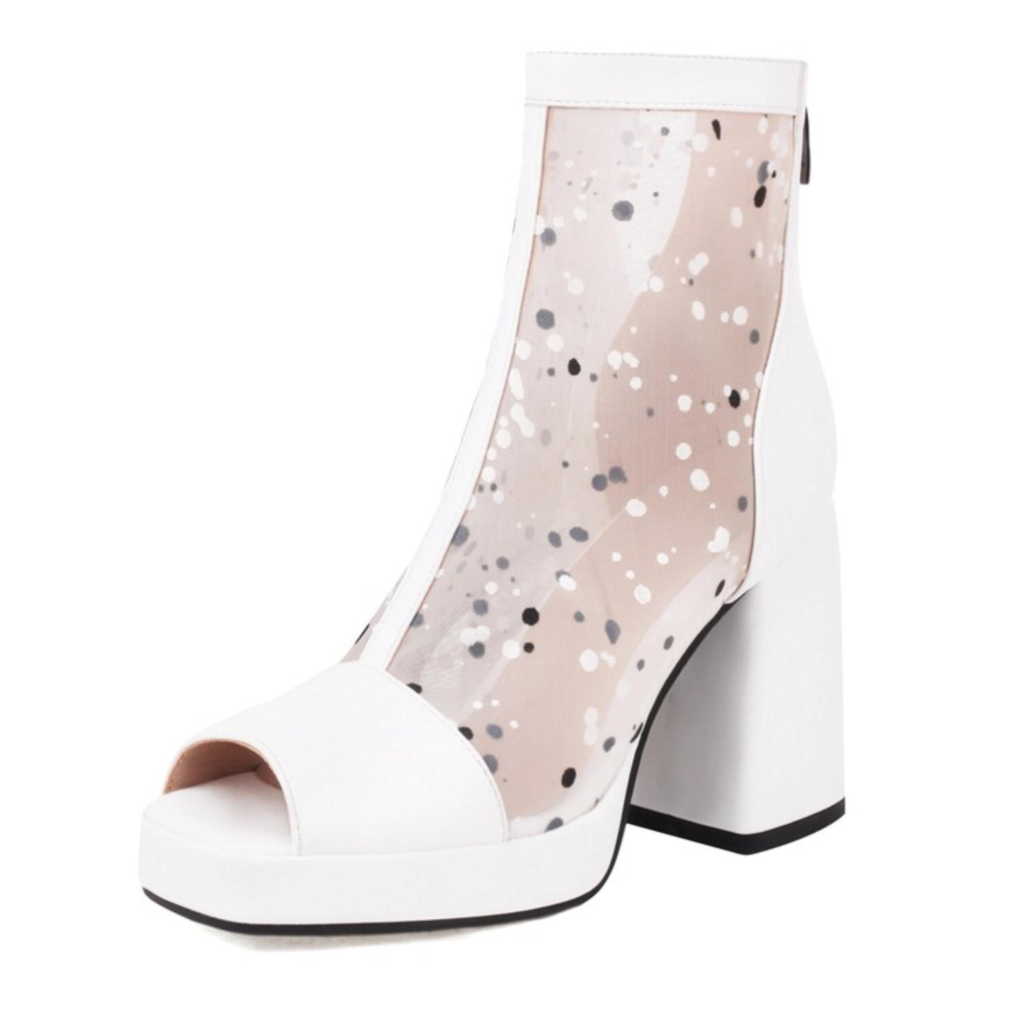White open-toe boot with transparent mesh panel featuring black specks
