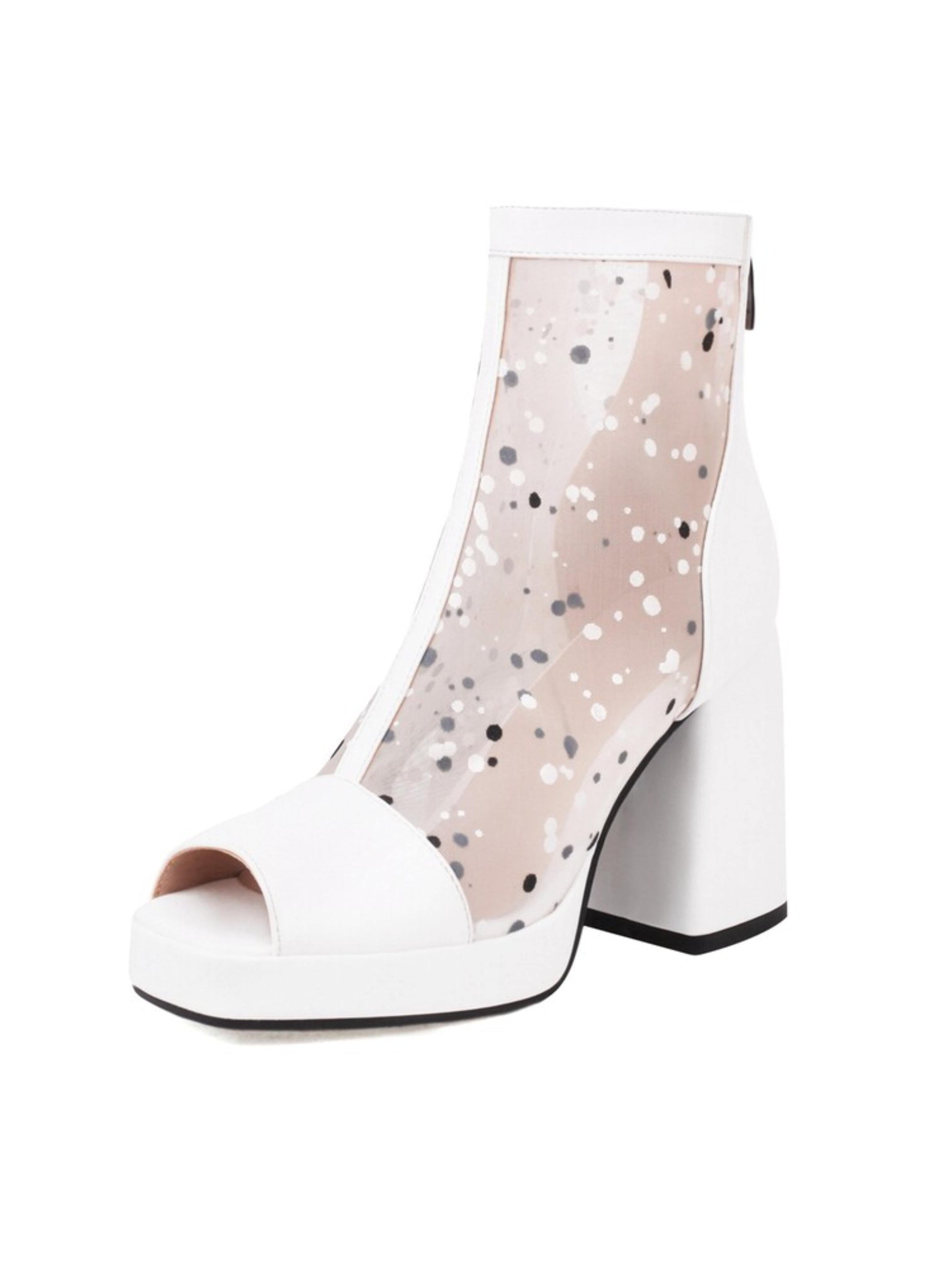 White open-toe boot with transparent mesh panel featuring black specks