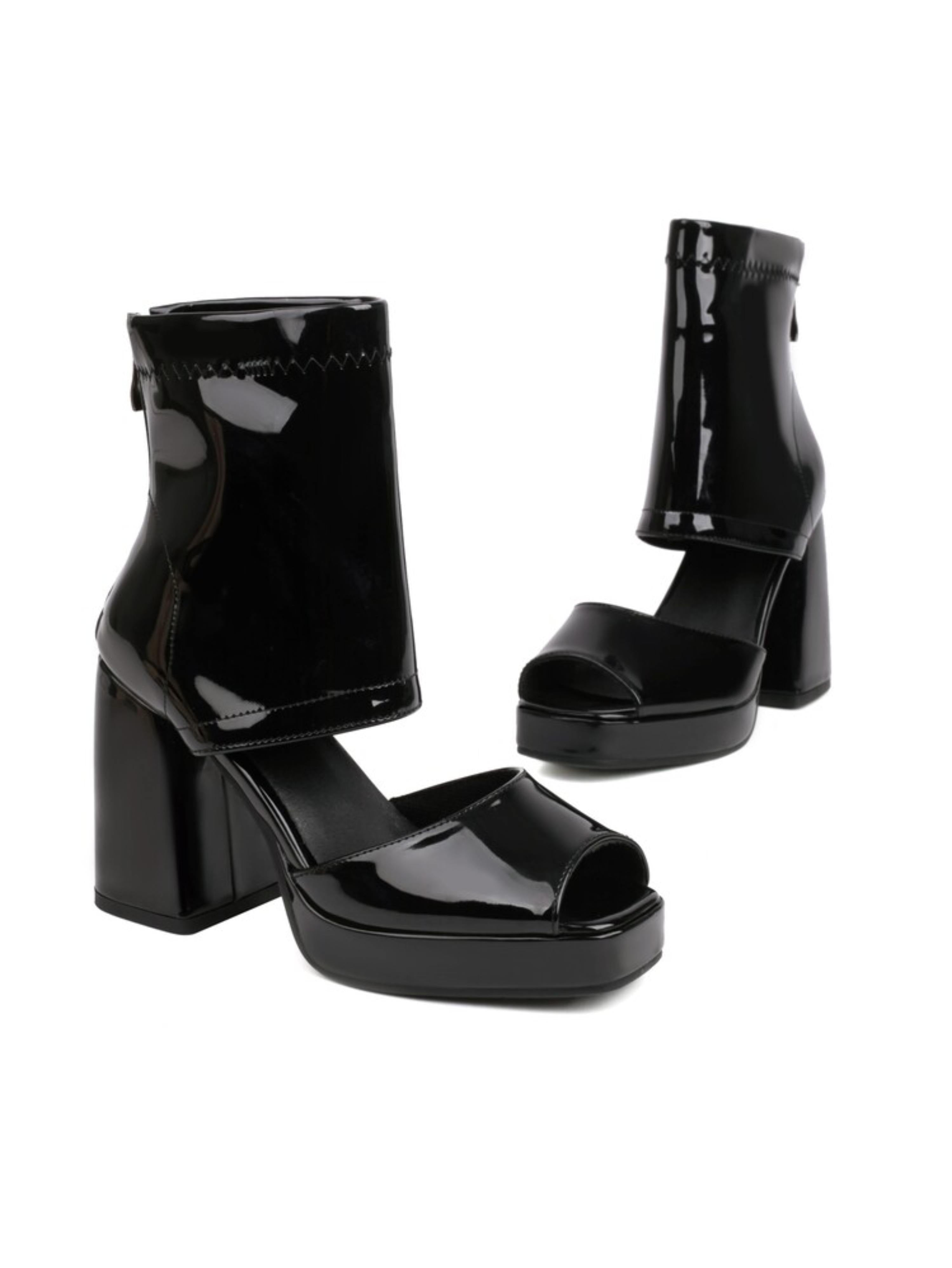 Gloss Chunky High Heel Peep Toe Black Sandals for Women