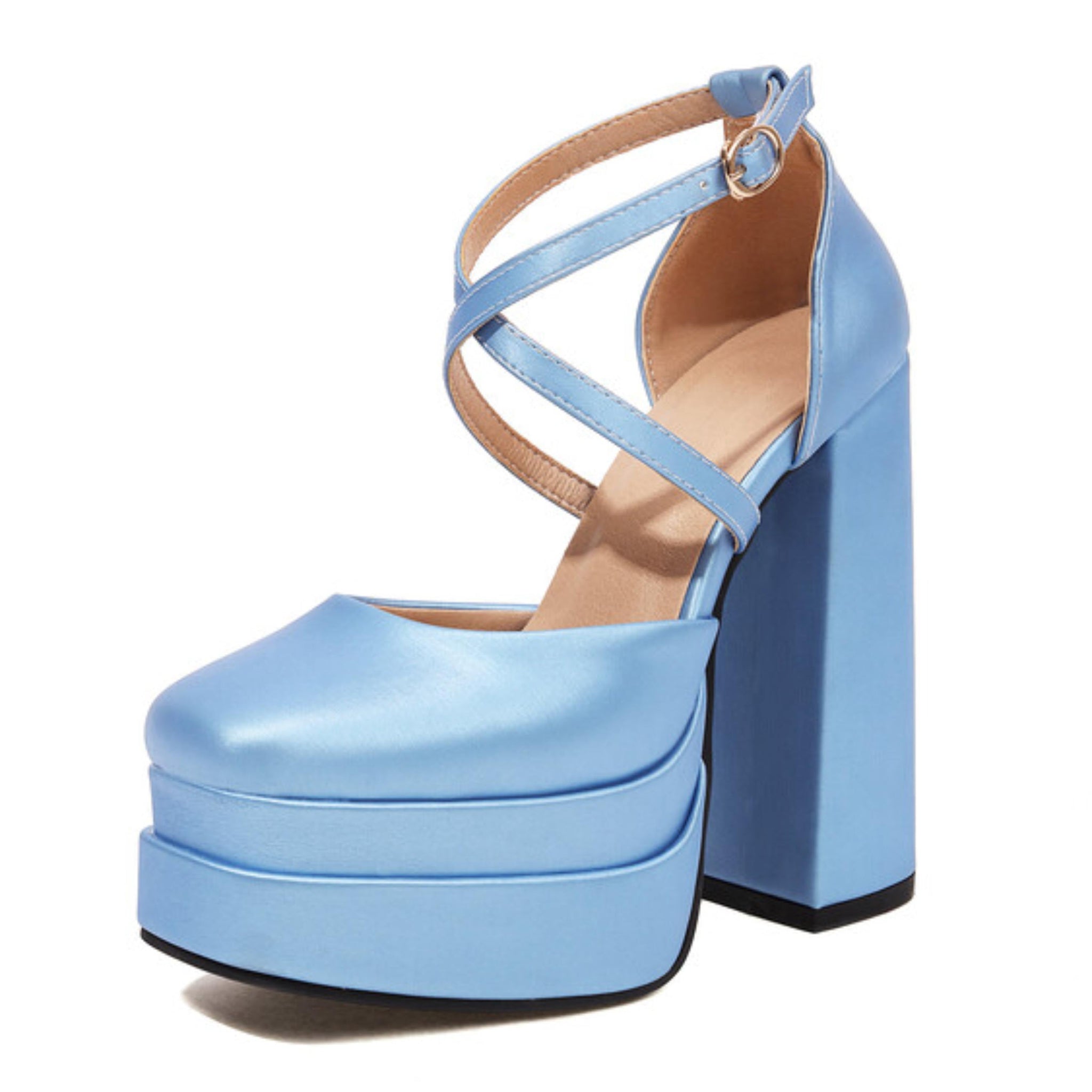 Blue platform sandal with a block heel