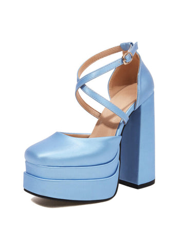 Blue platform sandal with a block heel
