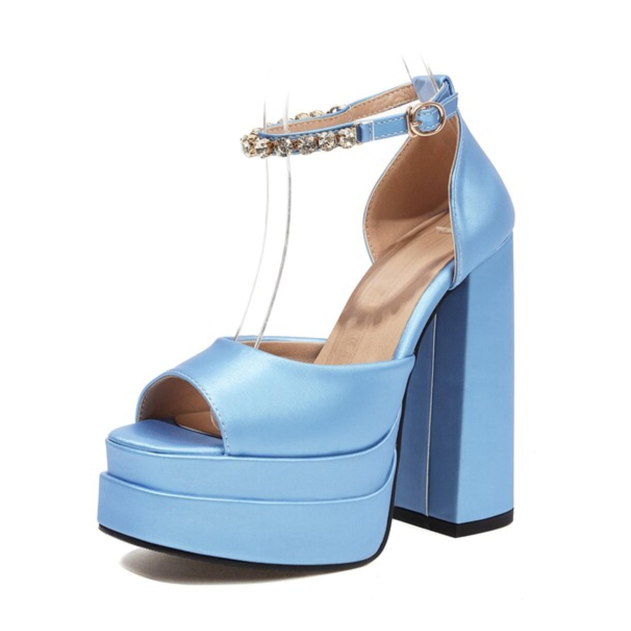 Blue platform sandal with a block heel