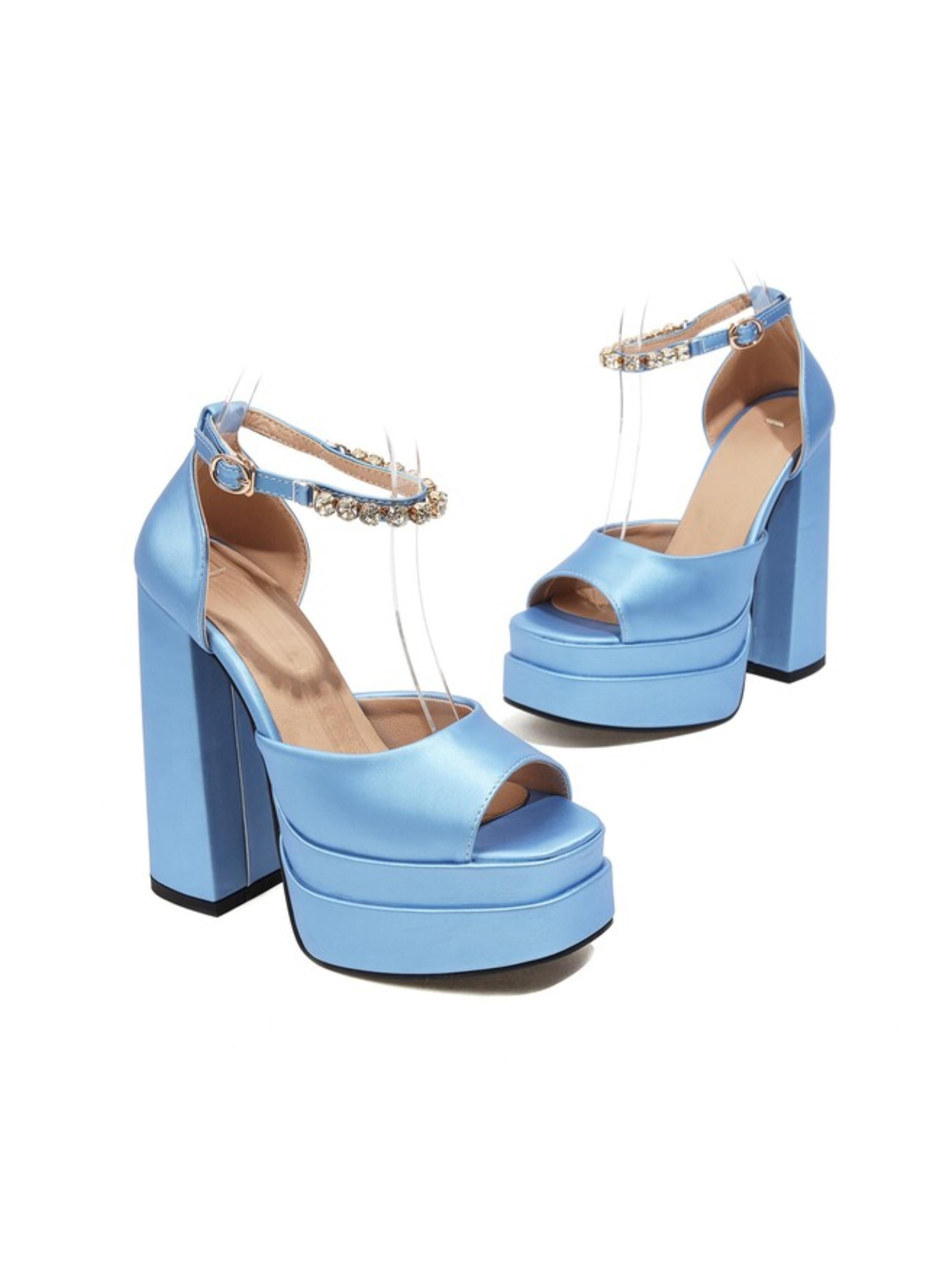 Glam Light Blue Chunky Heel Platform Sandals for Women