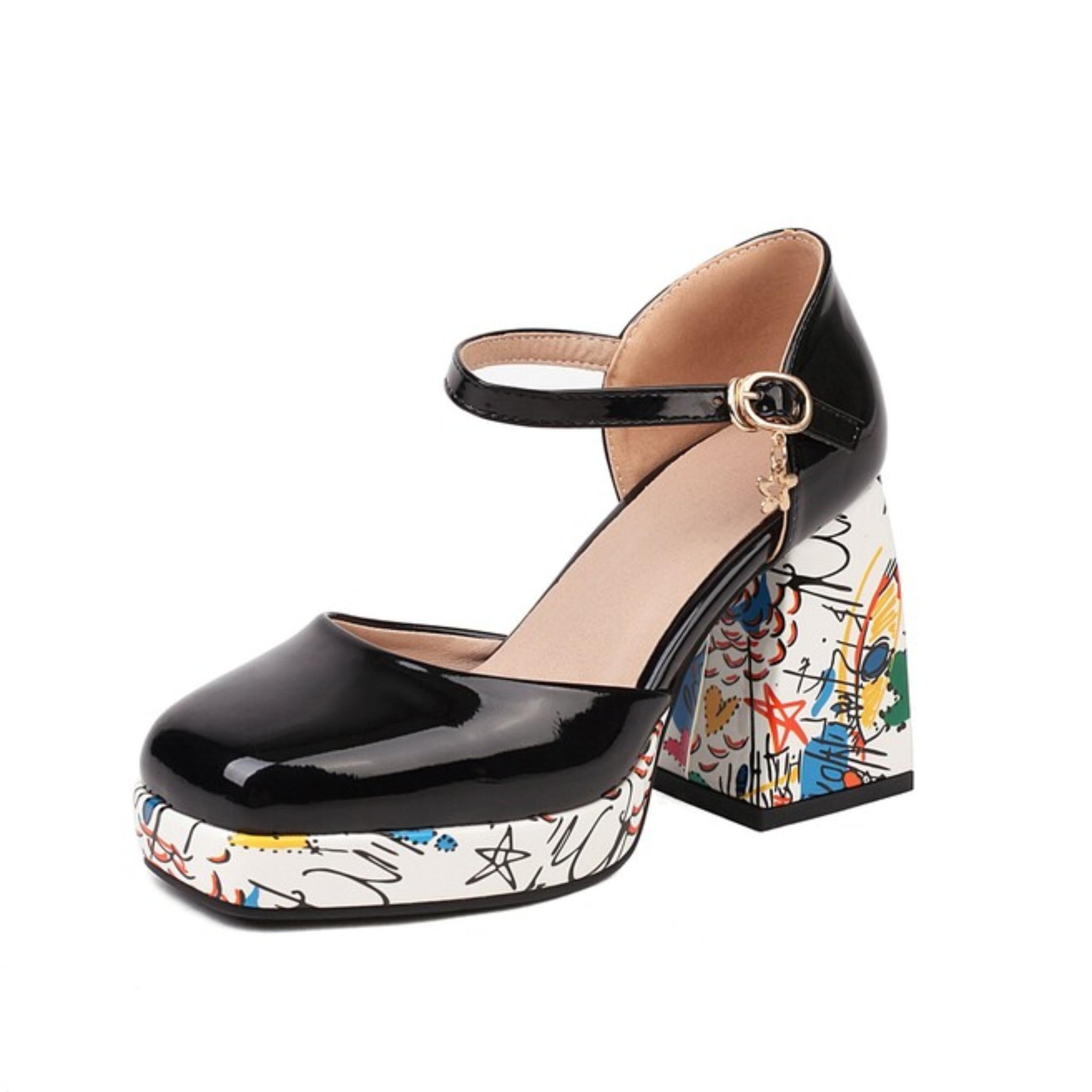 Black high-heeled shoe with colorful platform sole