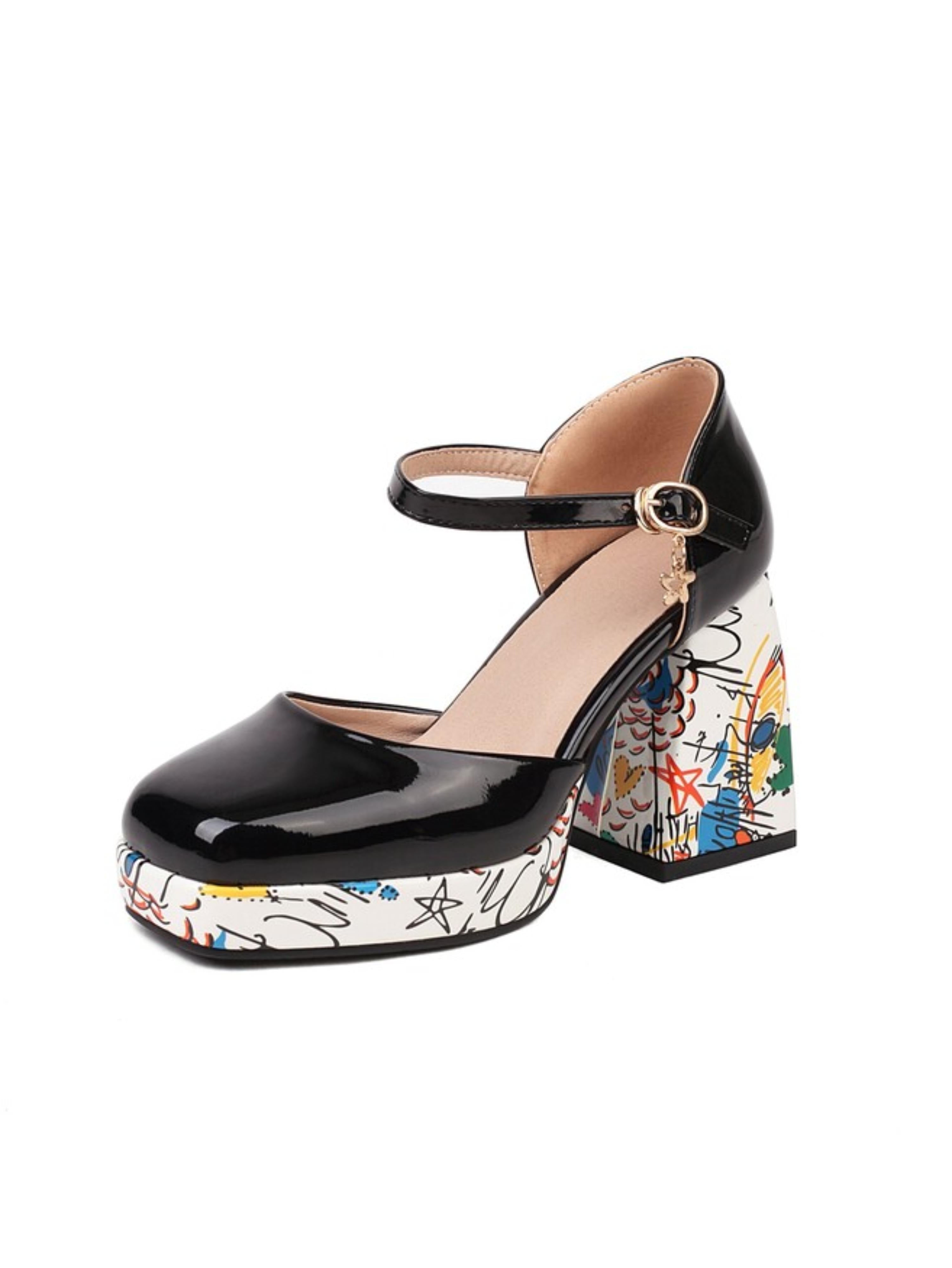 Black high-heeled shoe with colorful platform sole