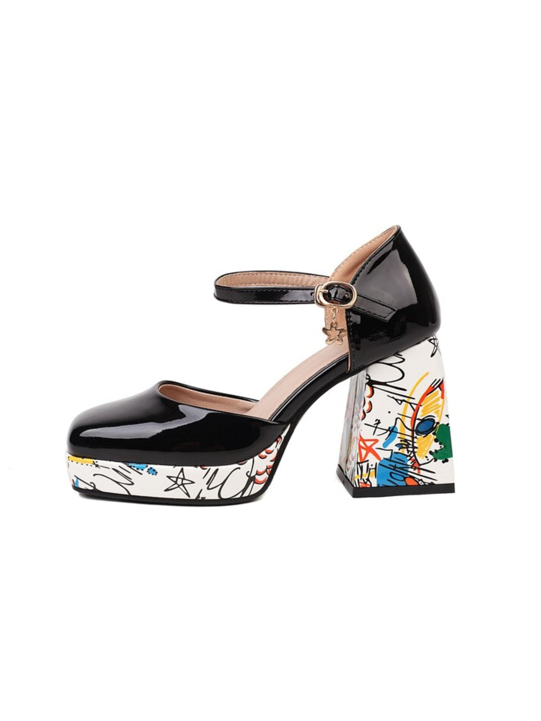 Black high-heeled shoe with colorful platform sole