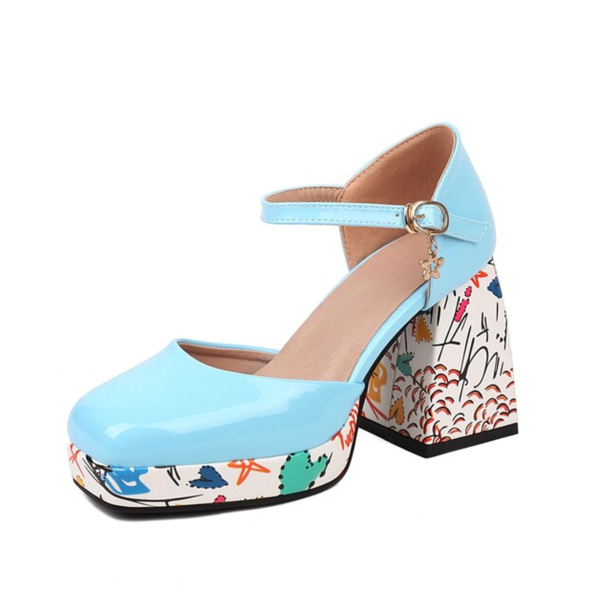 Light blue high-heeled shoe with colorful patterned sole