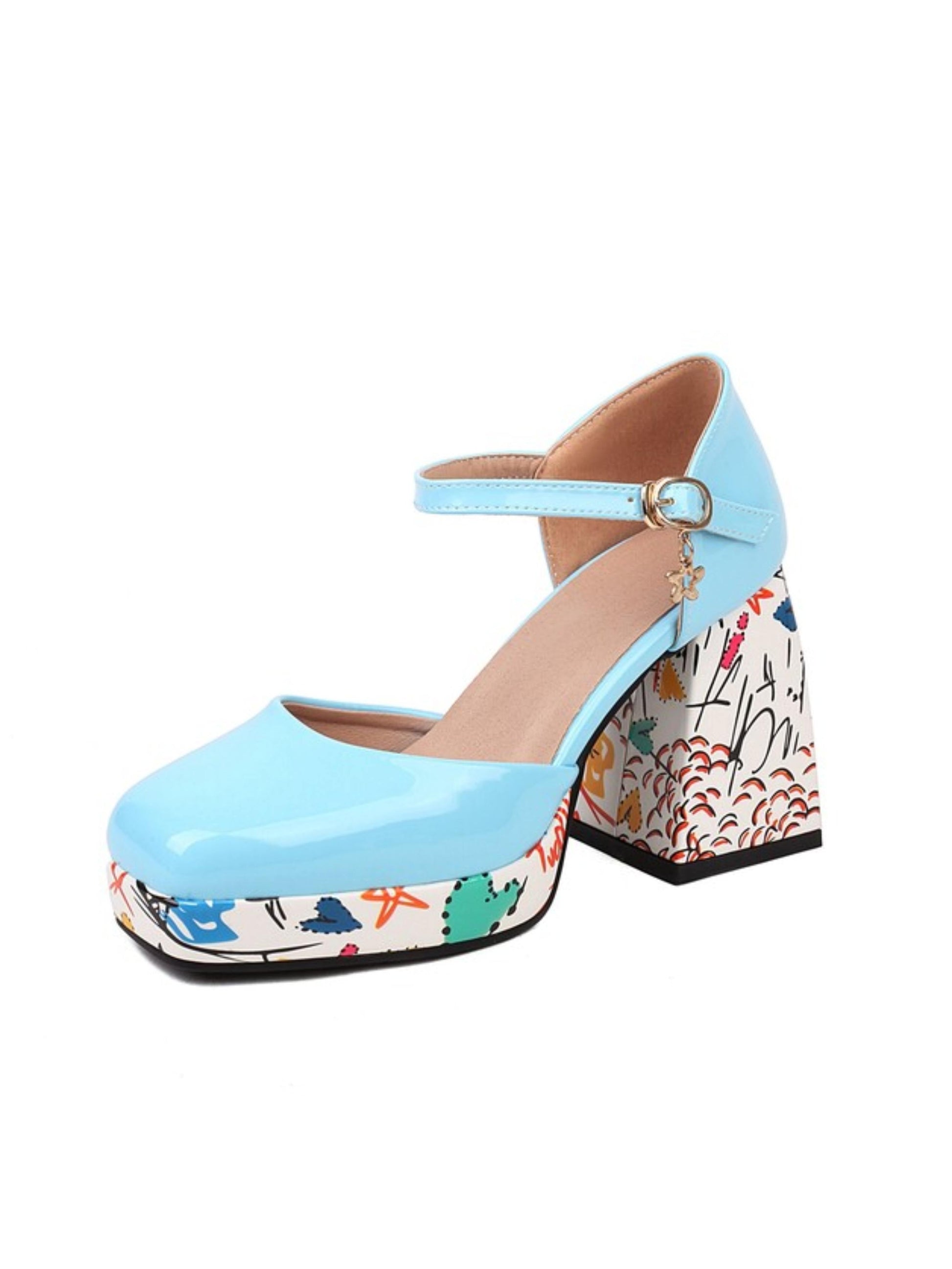 Light blue high-heeled shoe with colorful patterned sole