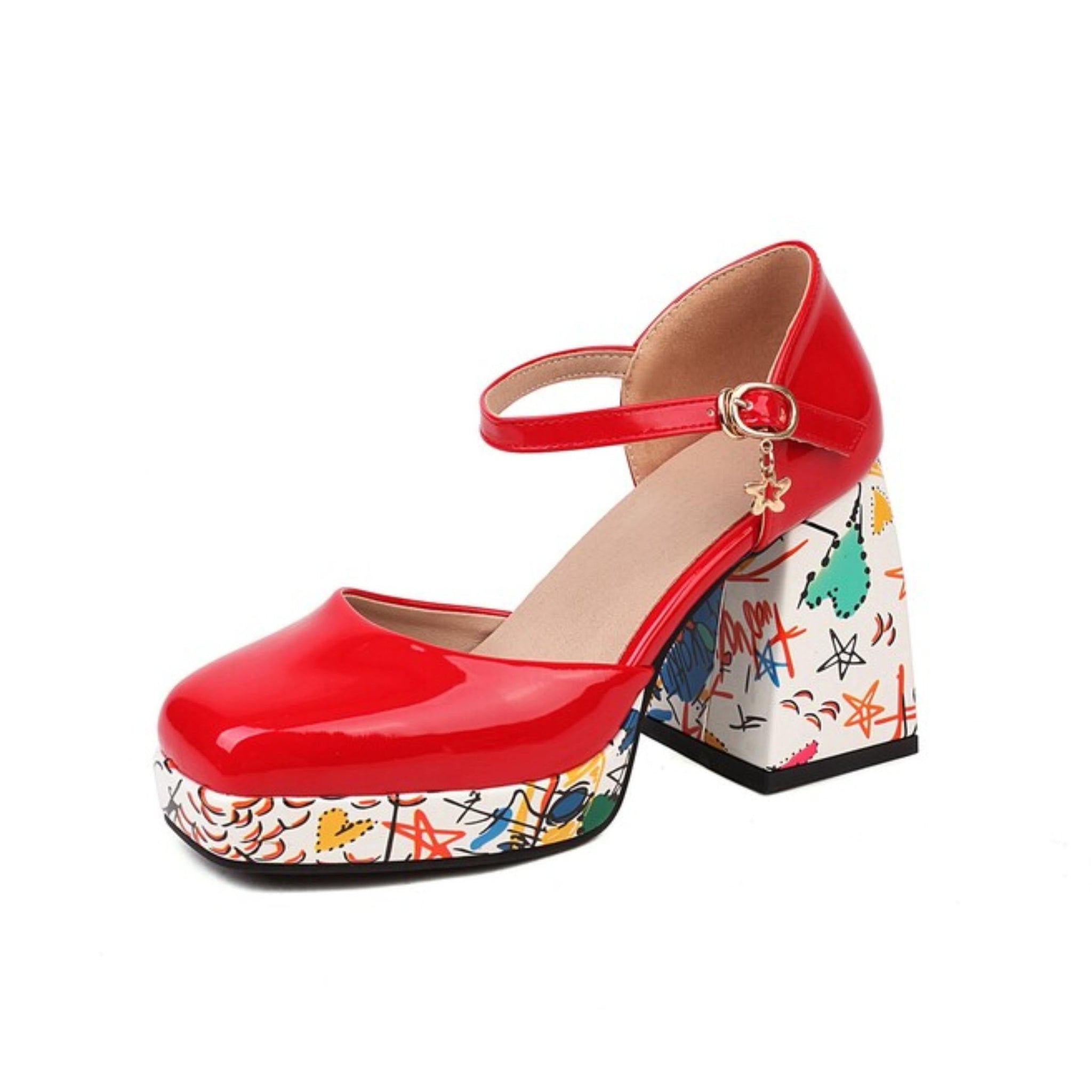 Red high-heeled shoe with floral patterned sole