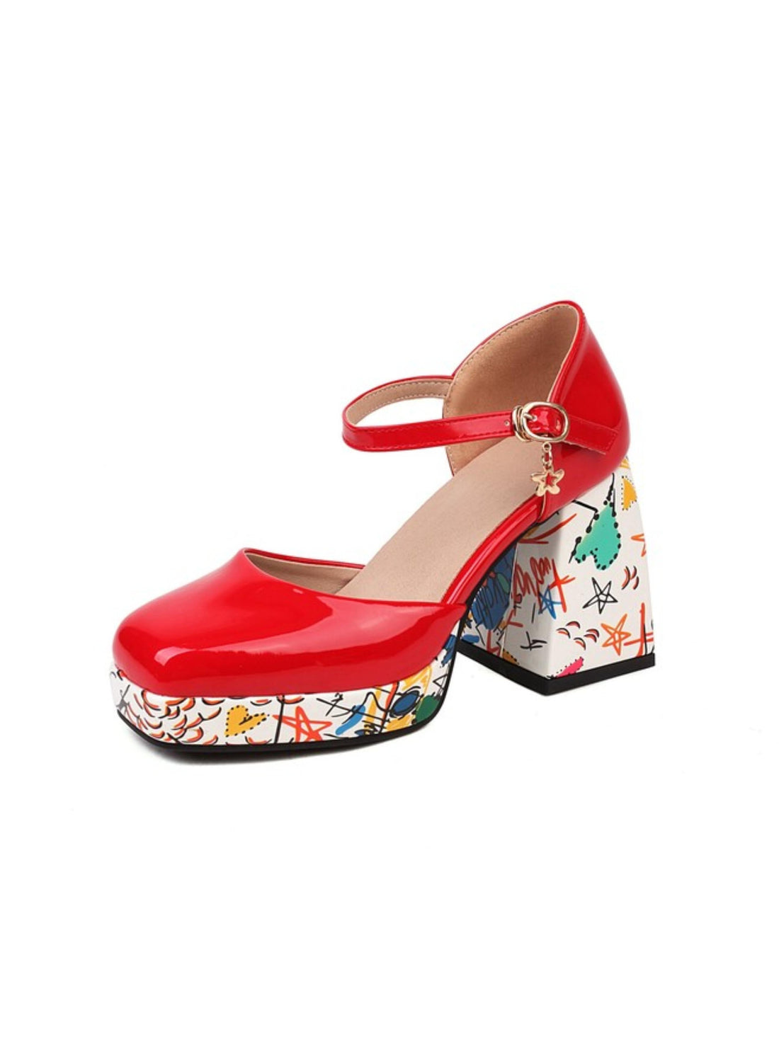 Red high-heeled shoe with floral patterned sole