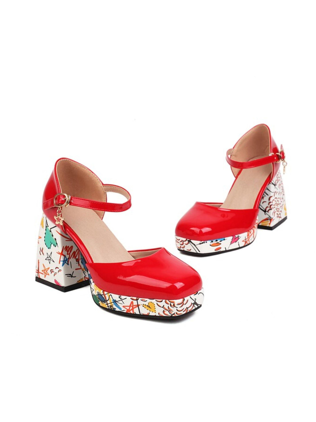Red high-heeled shoe with floral patterned sole