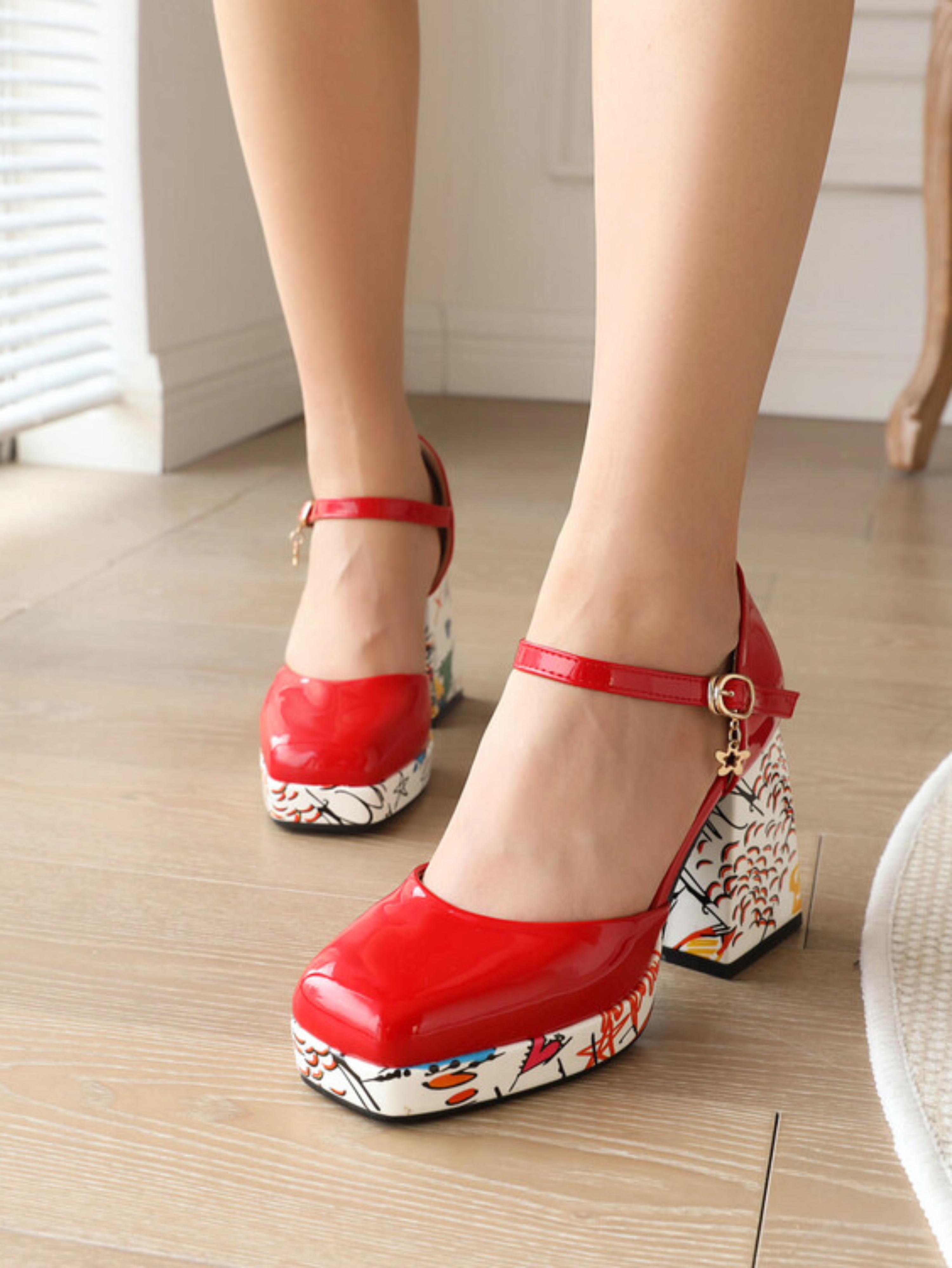 Red Sandals Women with Graffiti Art Platform & Strap Charm