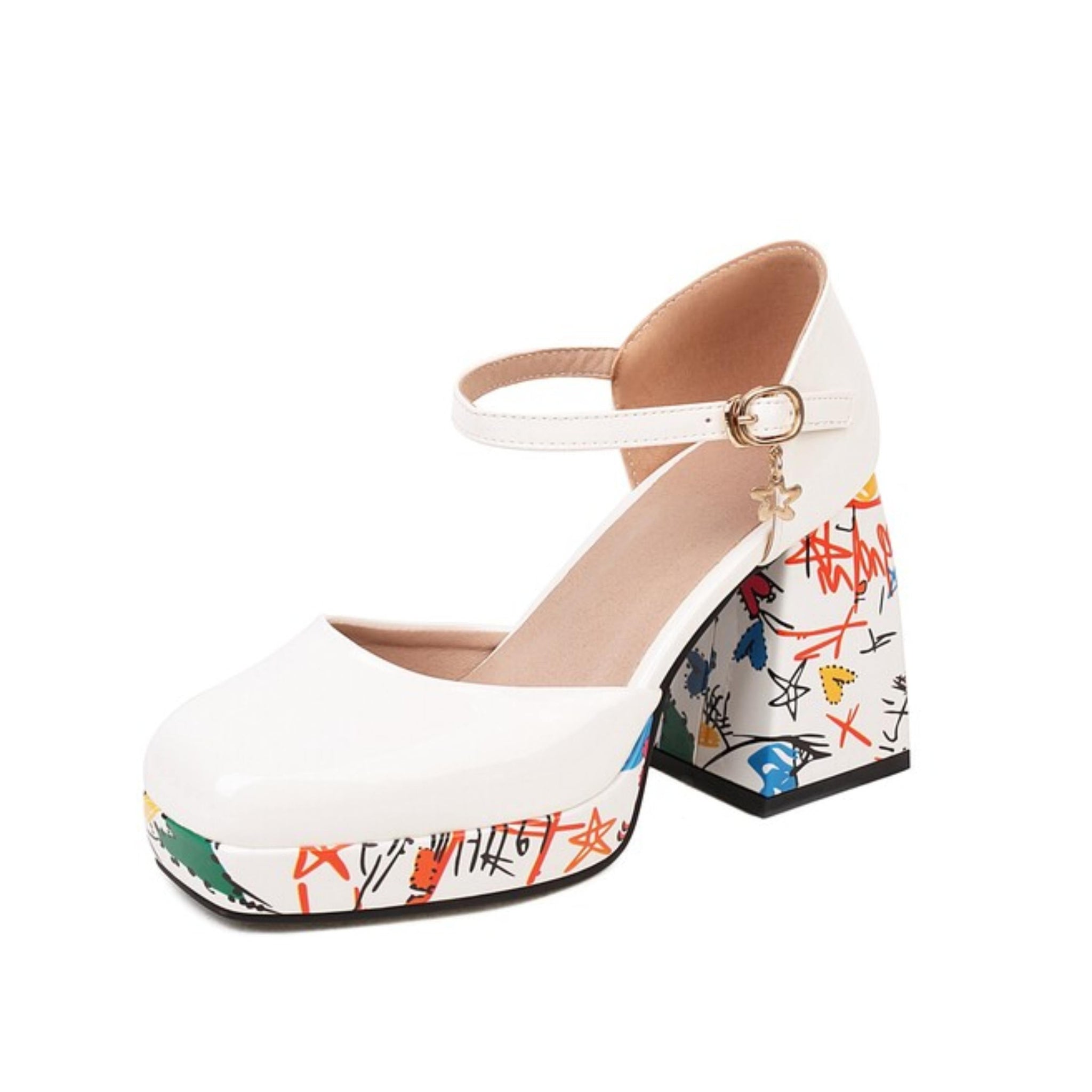 White high-heeled shoe with colorful abstract design