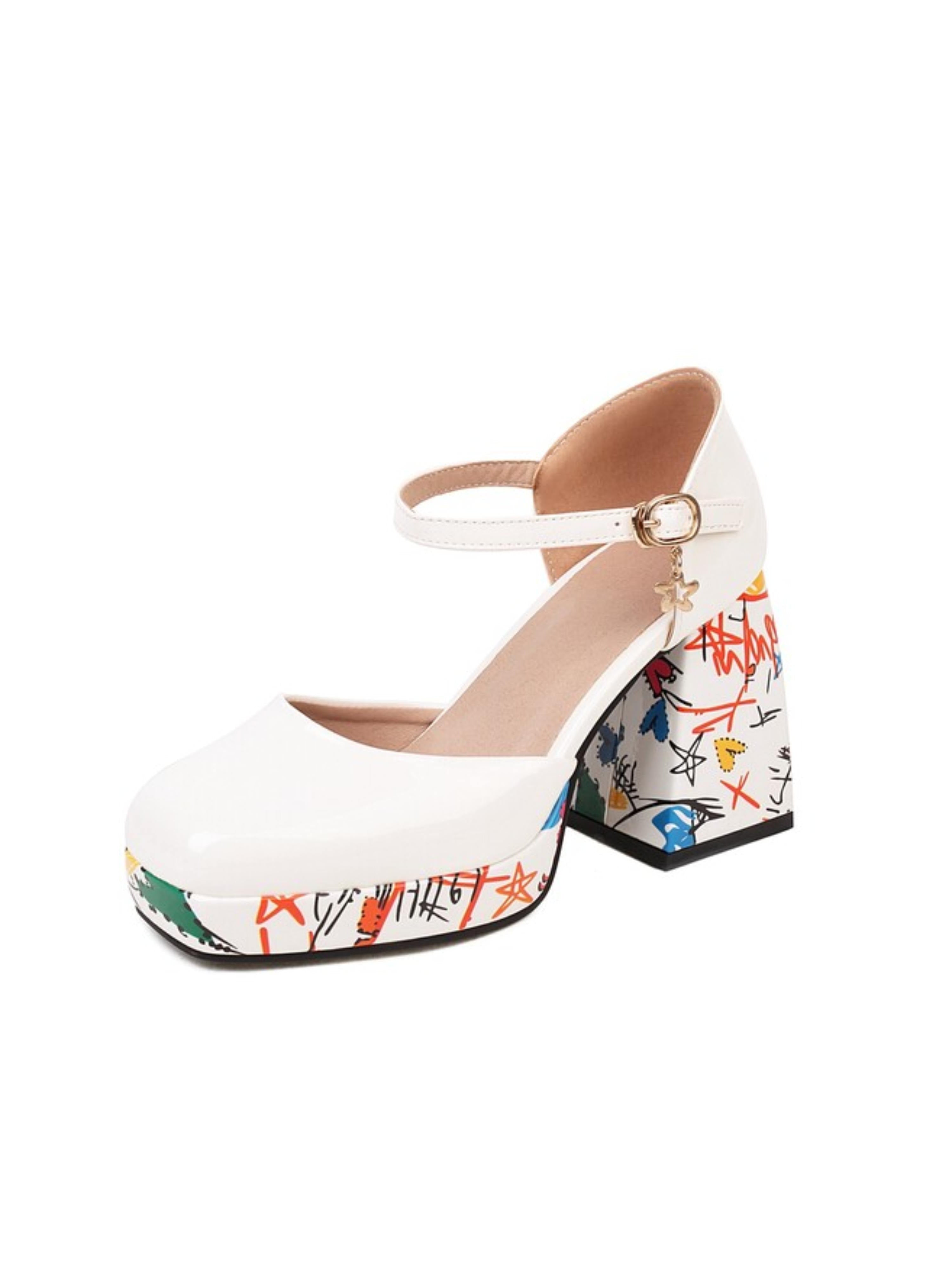 White high-heeled shoe with colorful abstract design