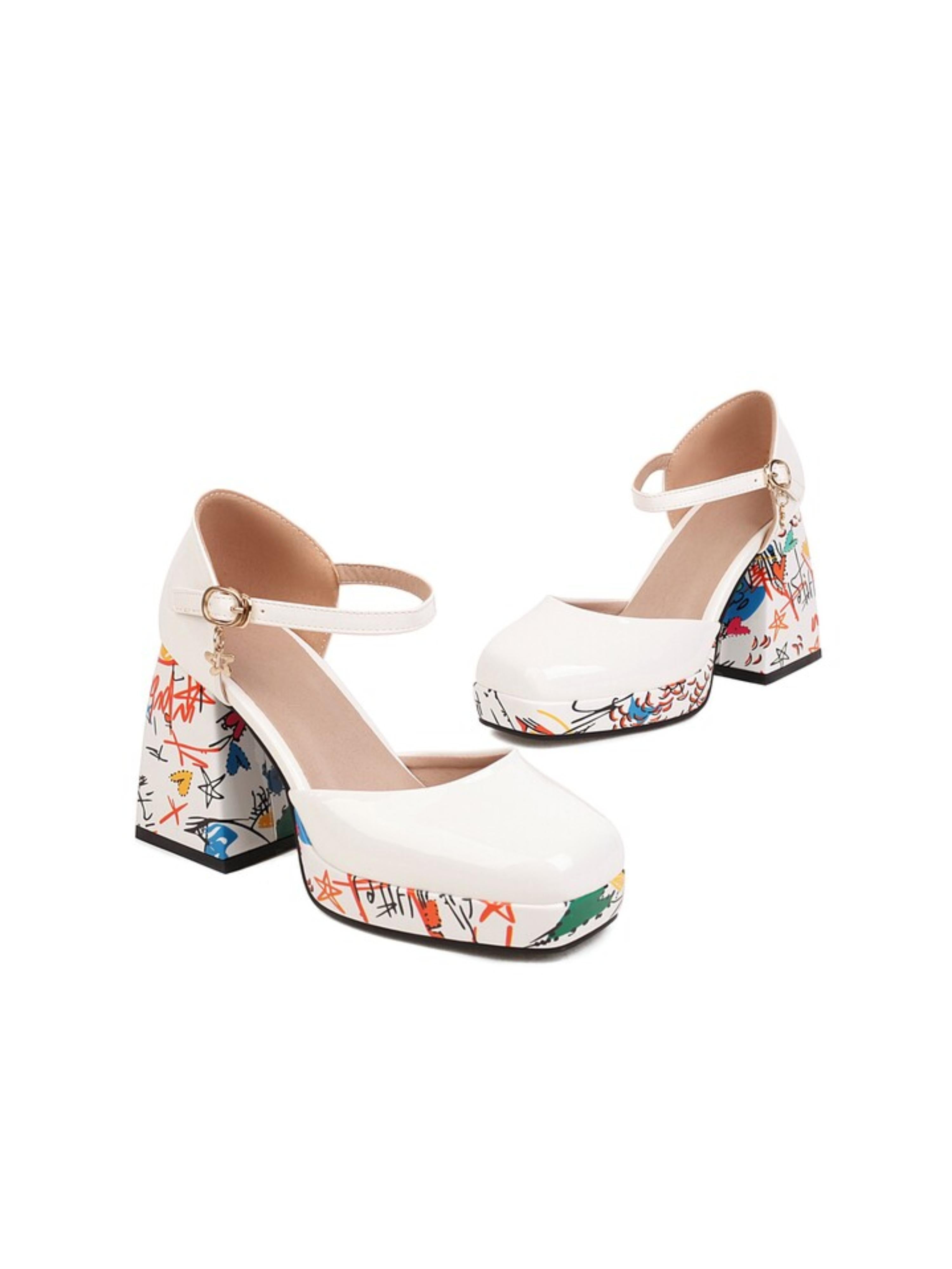Graffiti Block Heel with Ankle Strap Charm White Sandals for Women
