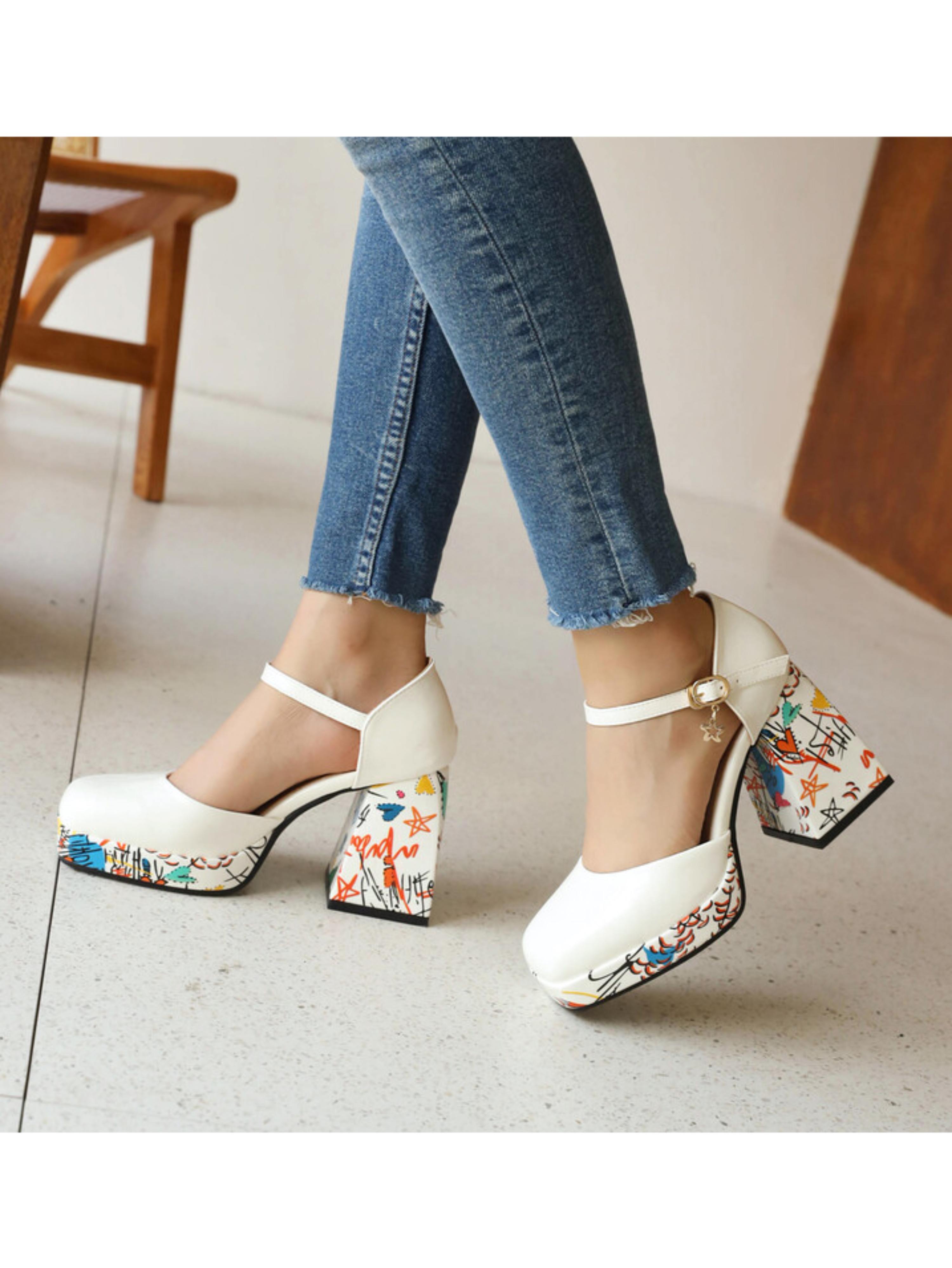 Graffiti Block Heel with Ankle Strap Charm White Sandals for Women