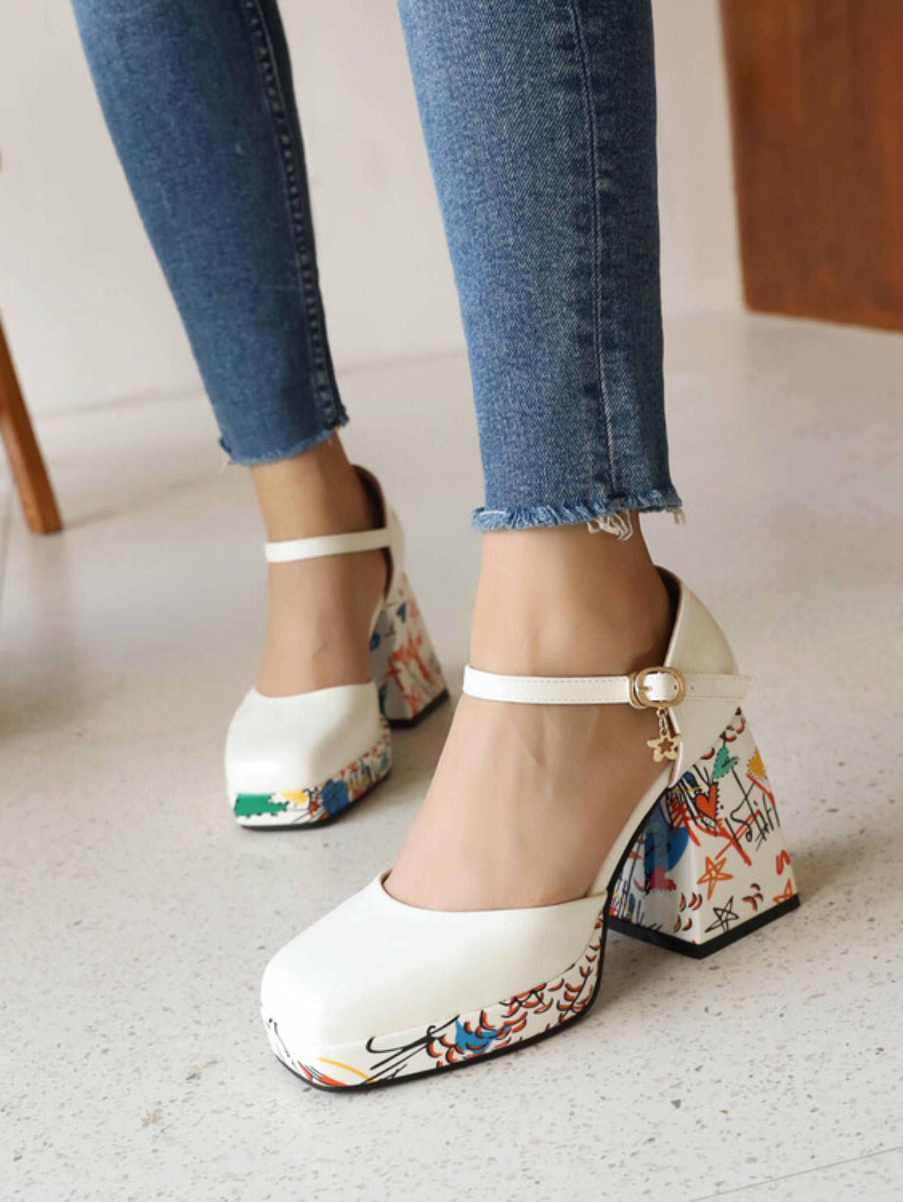 Graffiti Block Heel with Ankle Strap Charm White Sandals for Women