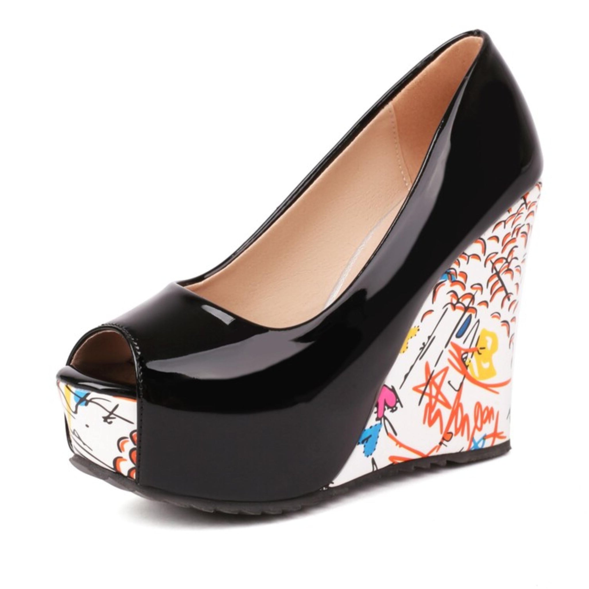 Black patent leather wedge shoe with colorful floral pattern
