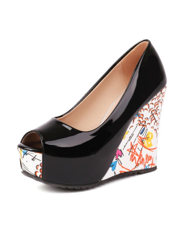 Black patent leather wedge shoe with colorful floral pattern