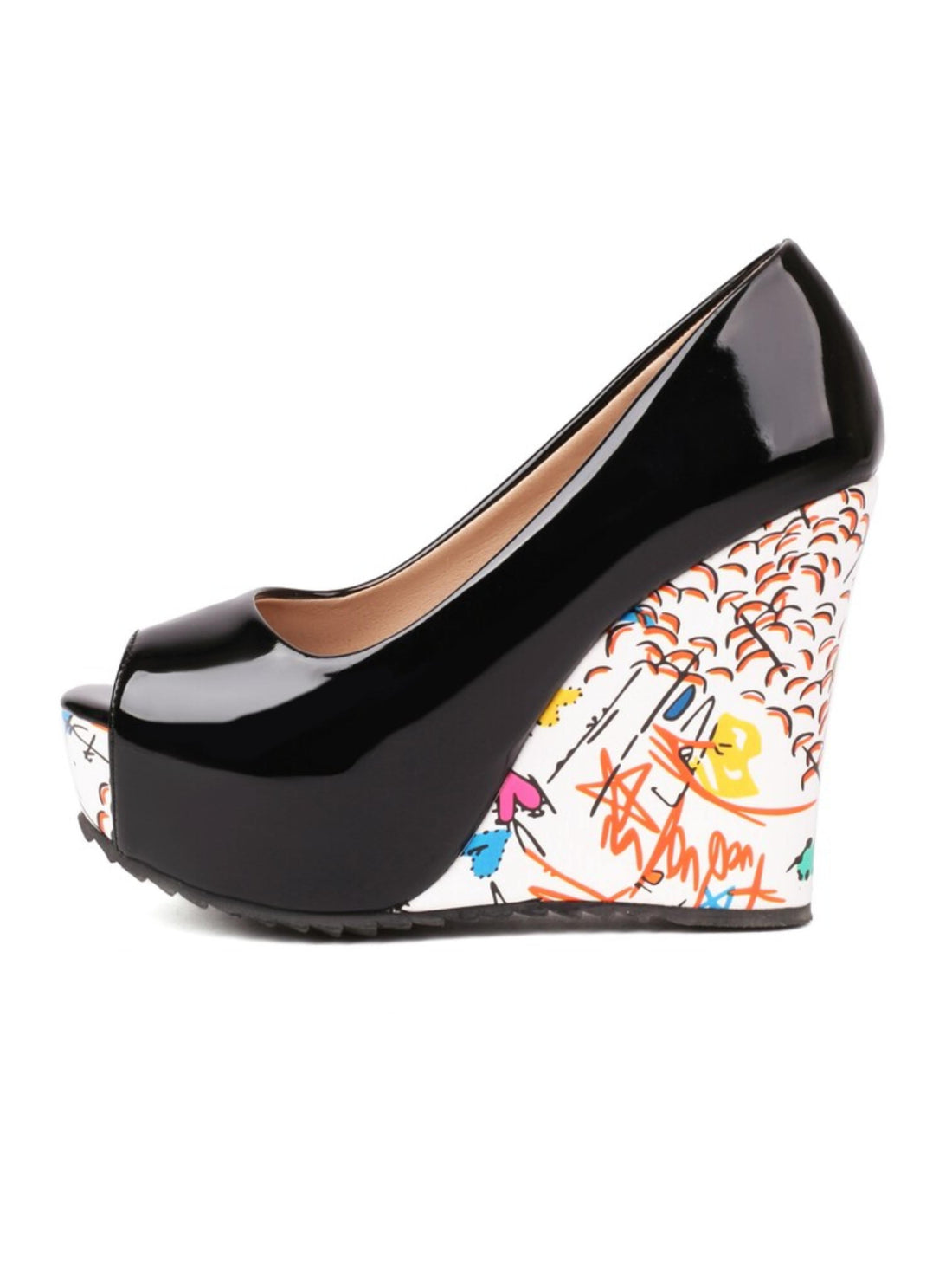 Black patent leather wedge shoe with colorful floral pattern