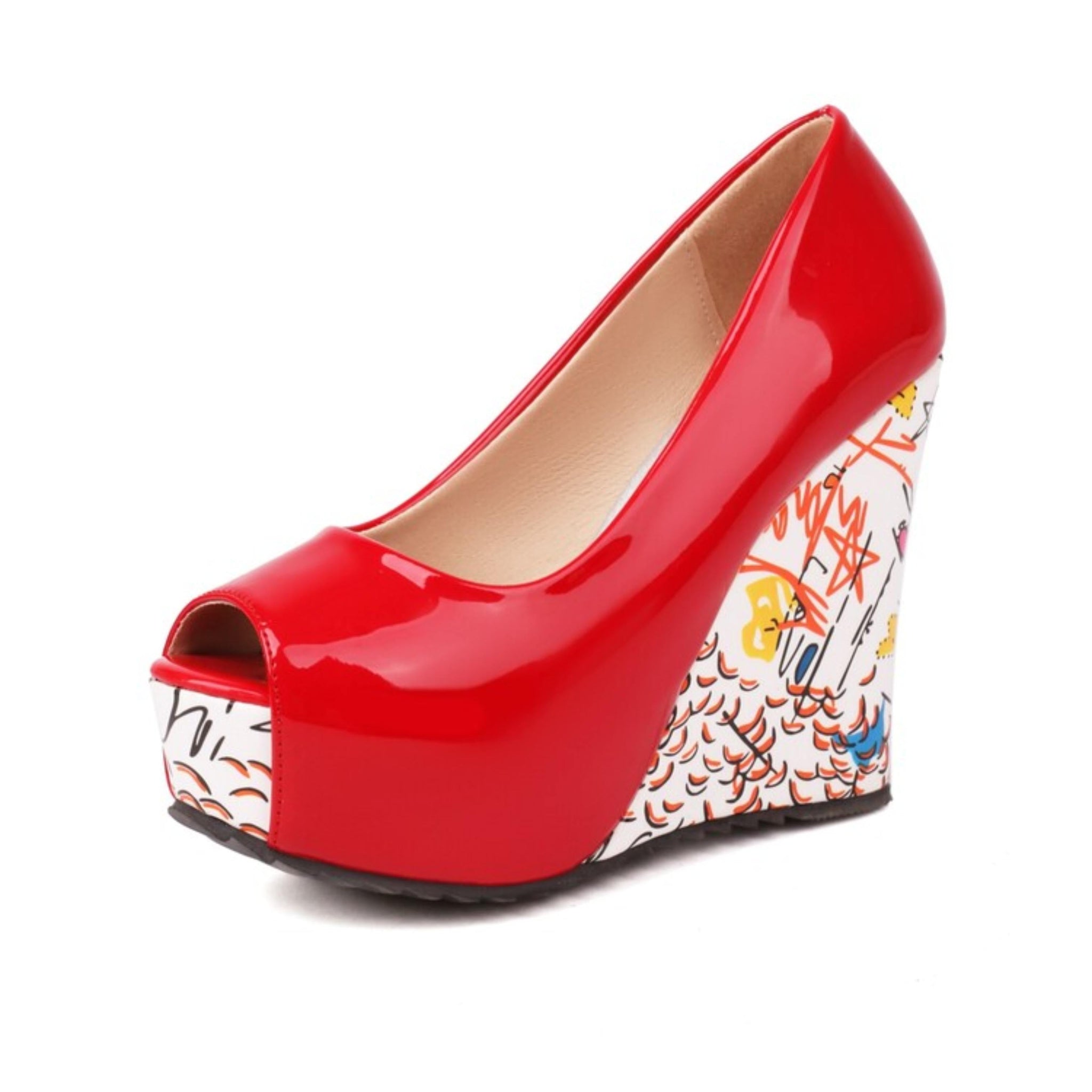 Red high-heeled shoe with colorful side panel