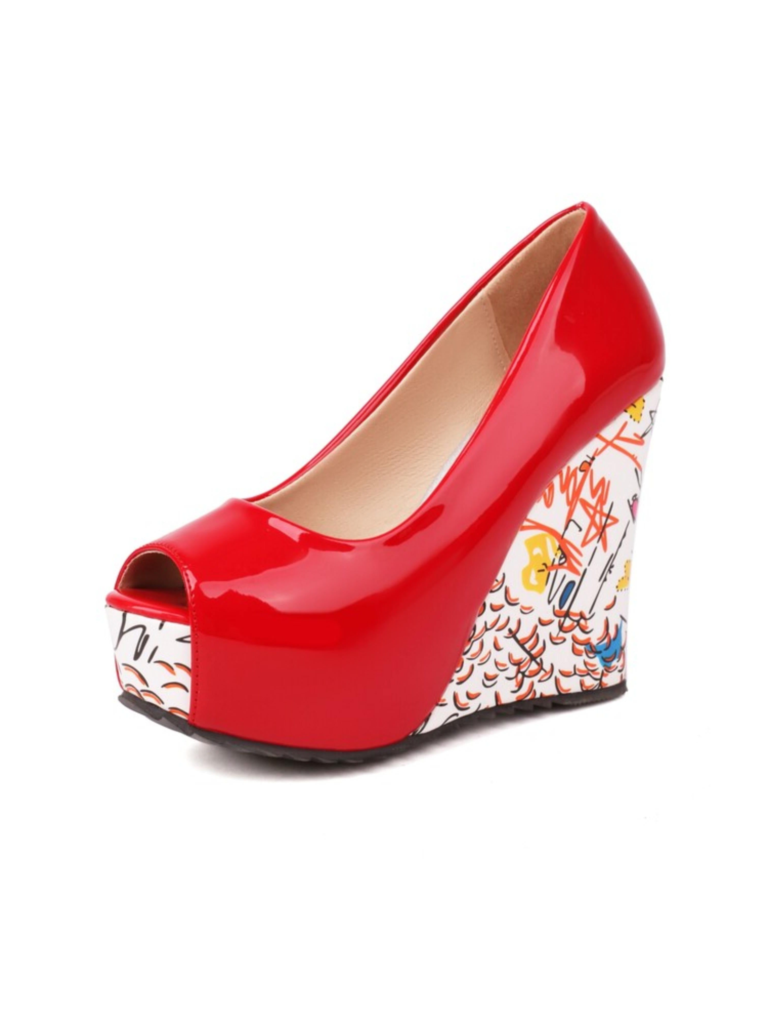 Red high-heeled shoe with colorful side panel