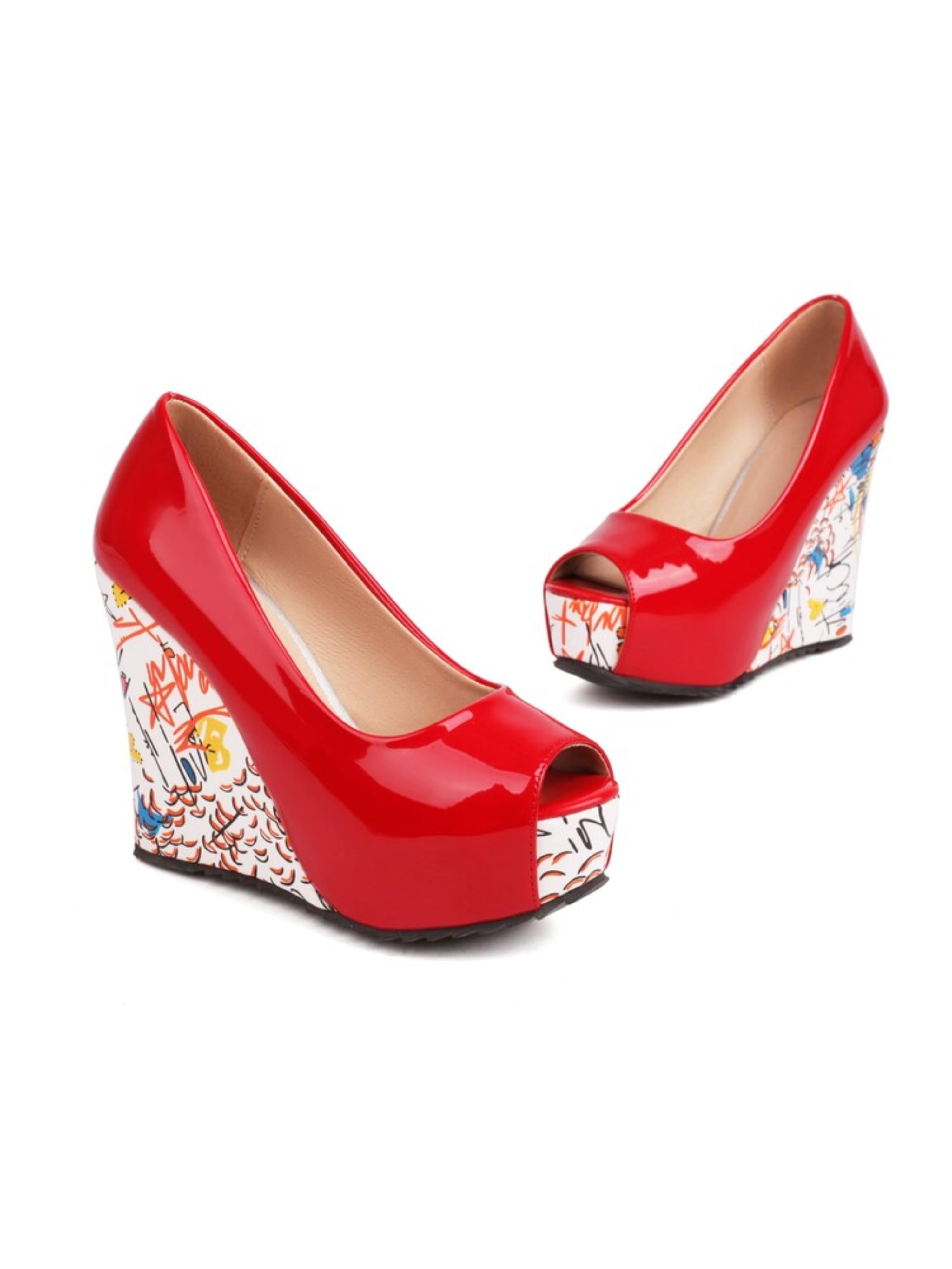 Graffiti Red Peep Toe Platform Wedge Sandals Women