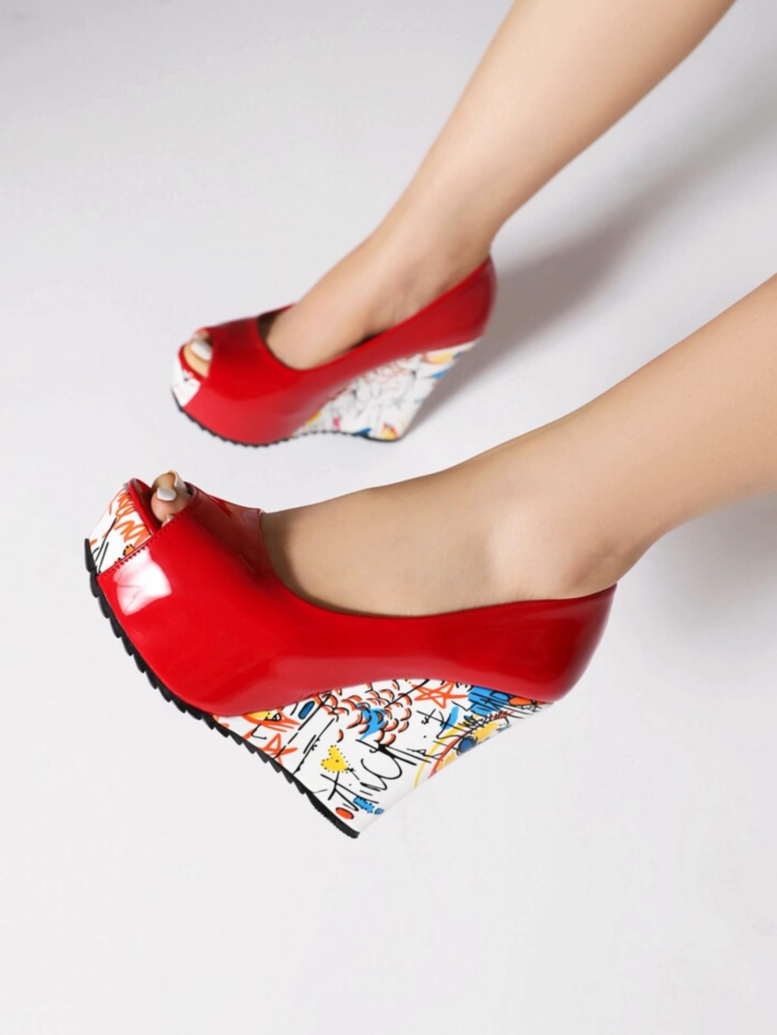 Graffiti Red Peep Toe Platform Wedge Sandals Women