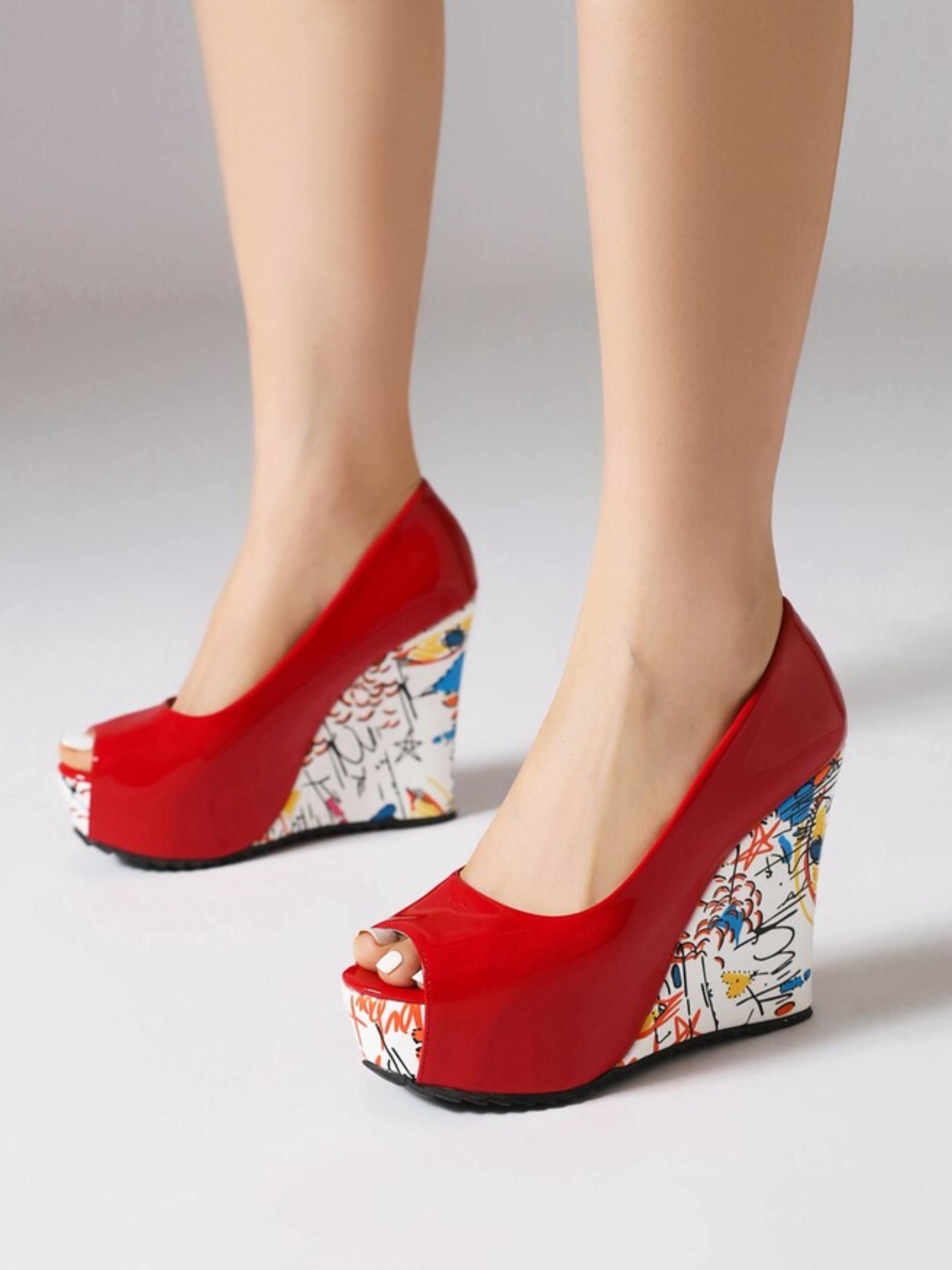 Graffiti Red Peep Toe Platform Wedge Sandals Women