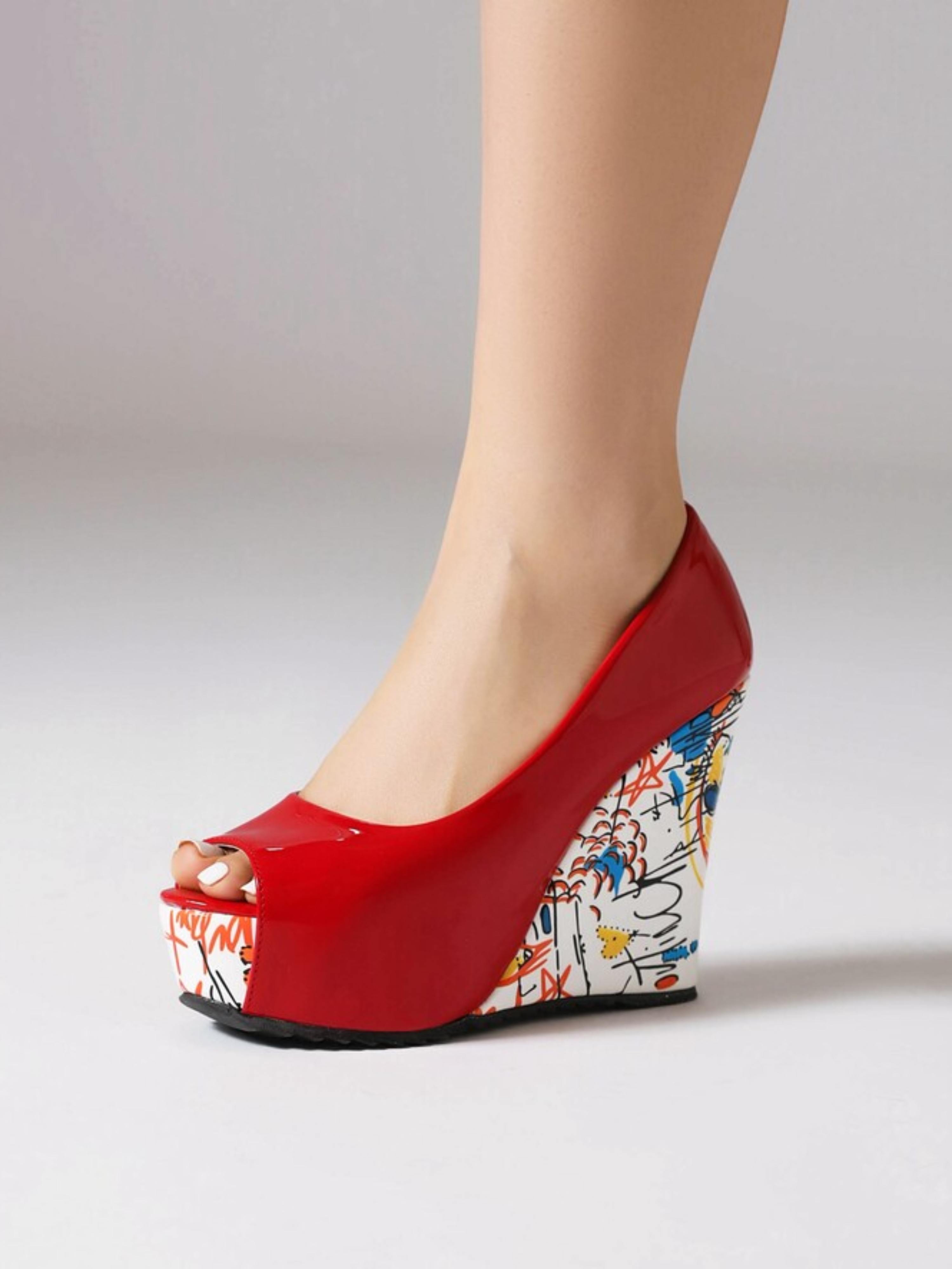 Graffiti Red Peep Toe Platform Wedge Sandals Women