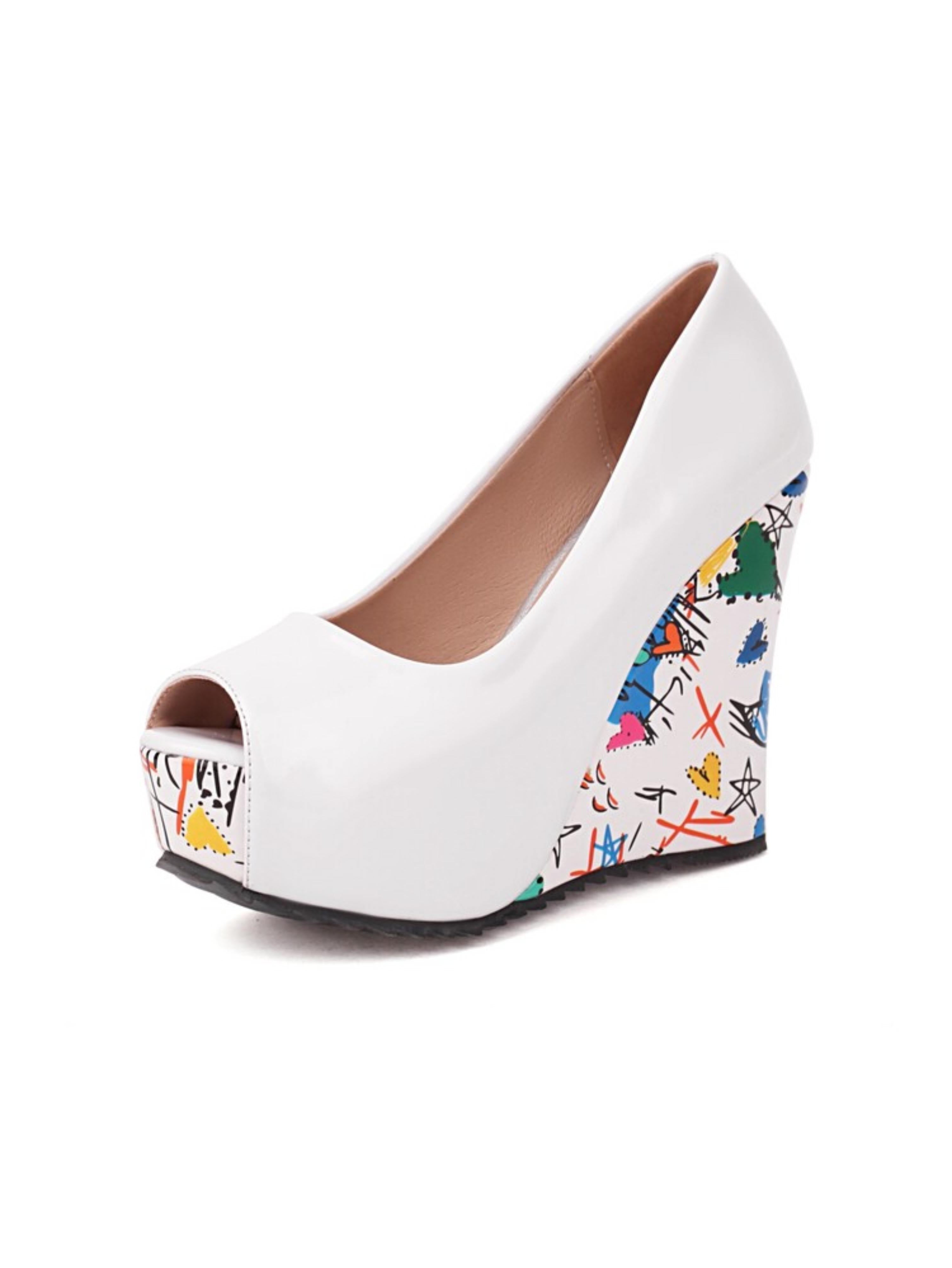 Pop Art White Peep Toe Wedge Sandals for Women