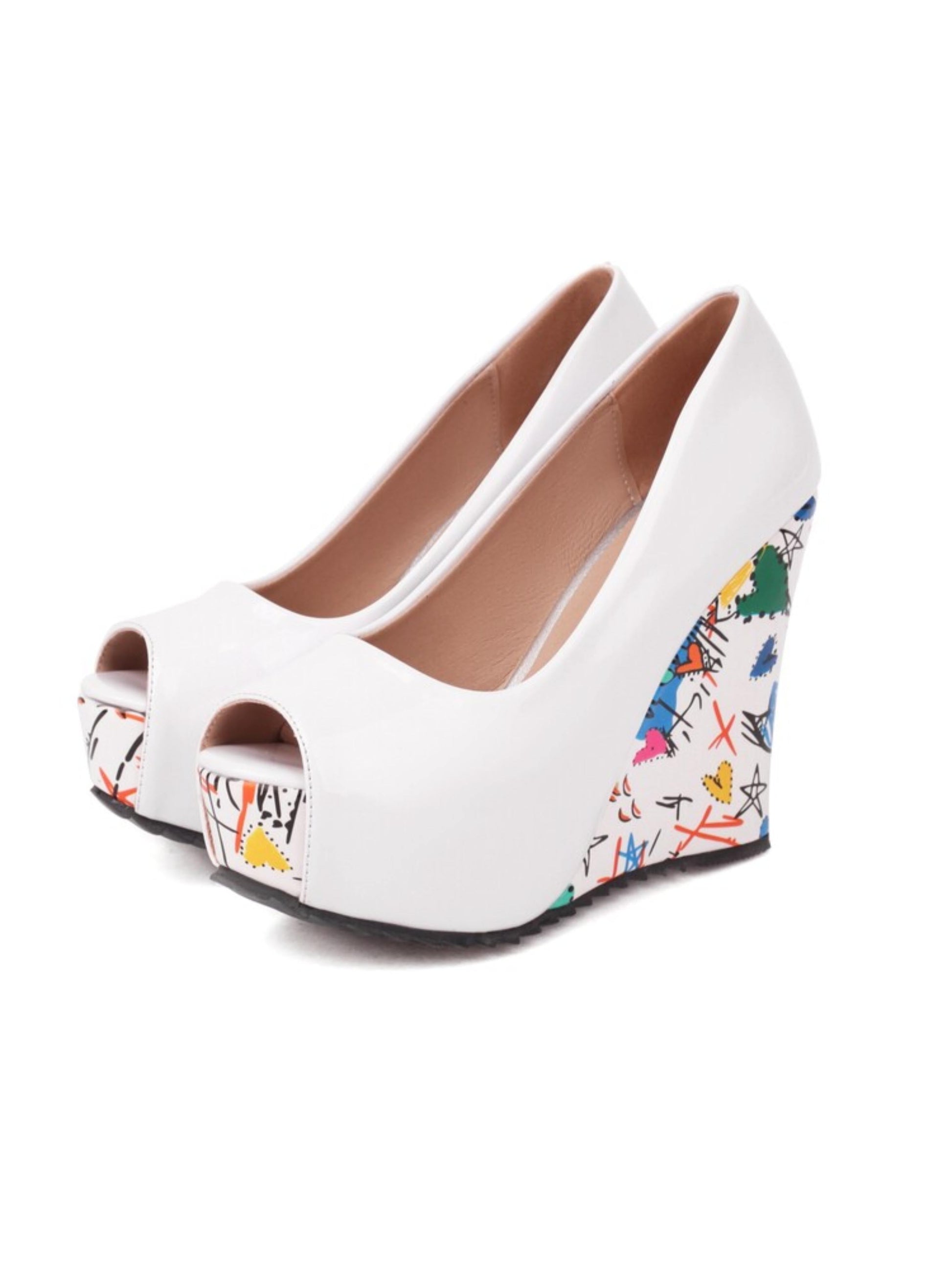 White wedge shoes with colorful floral pattern