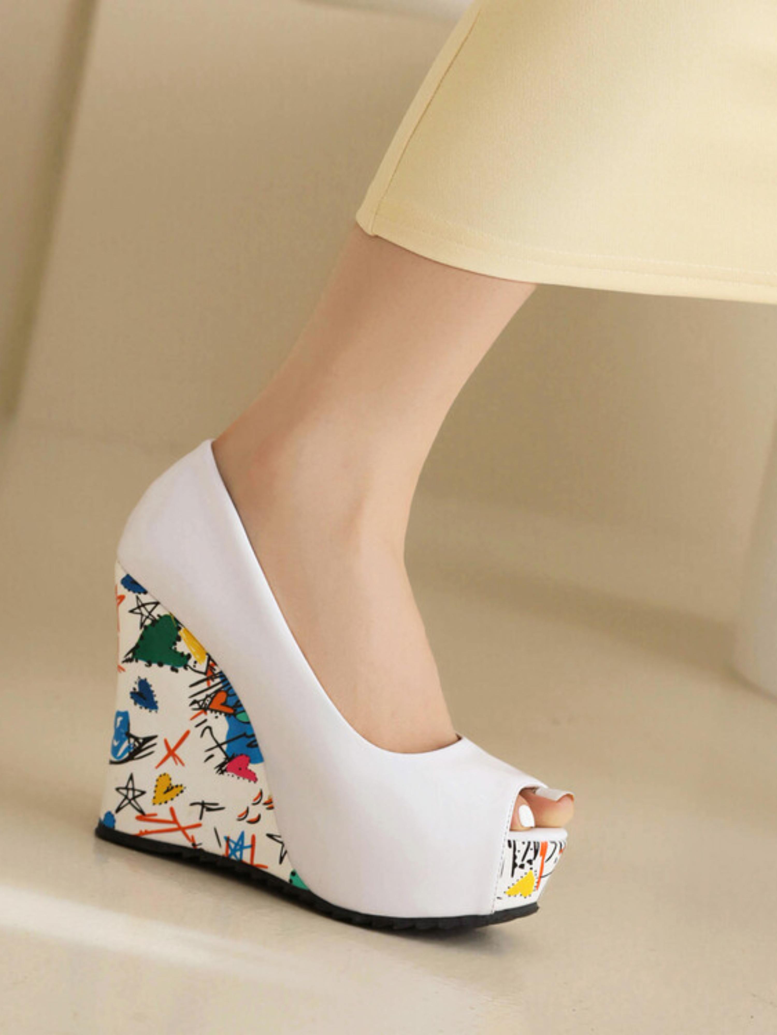 Pop Art White Peep Toe Wedge Sandals for Women