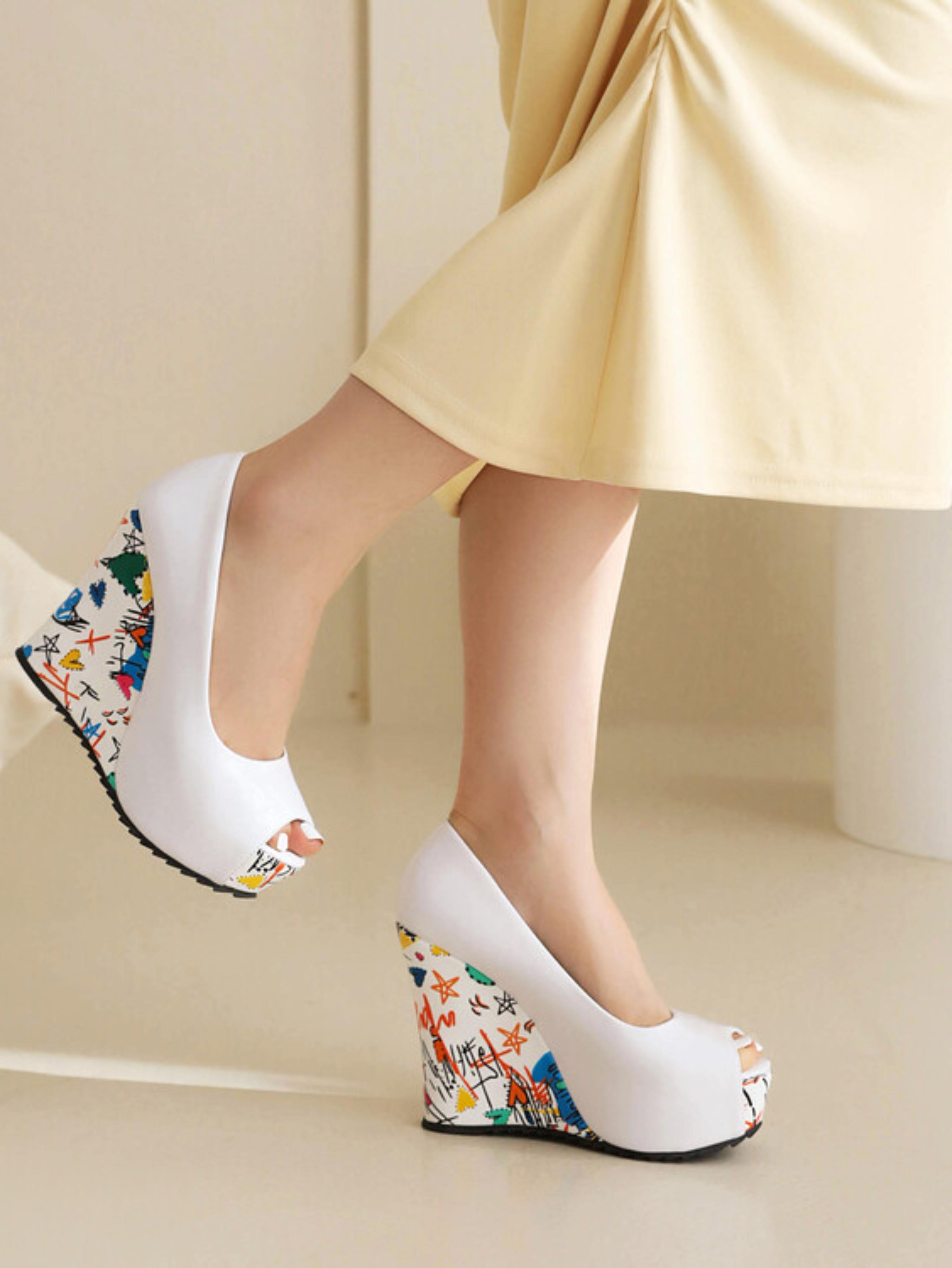 Pop Art White Peep Toe Wedge Sandals for Women