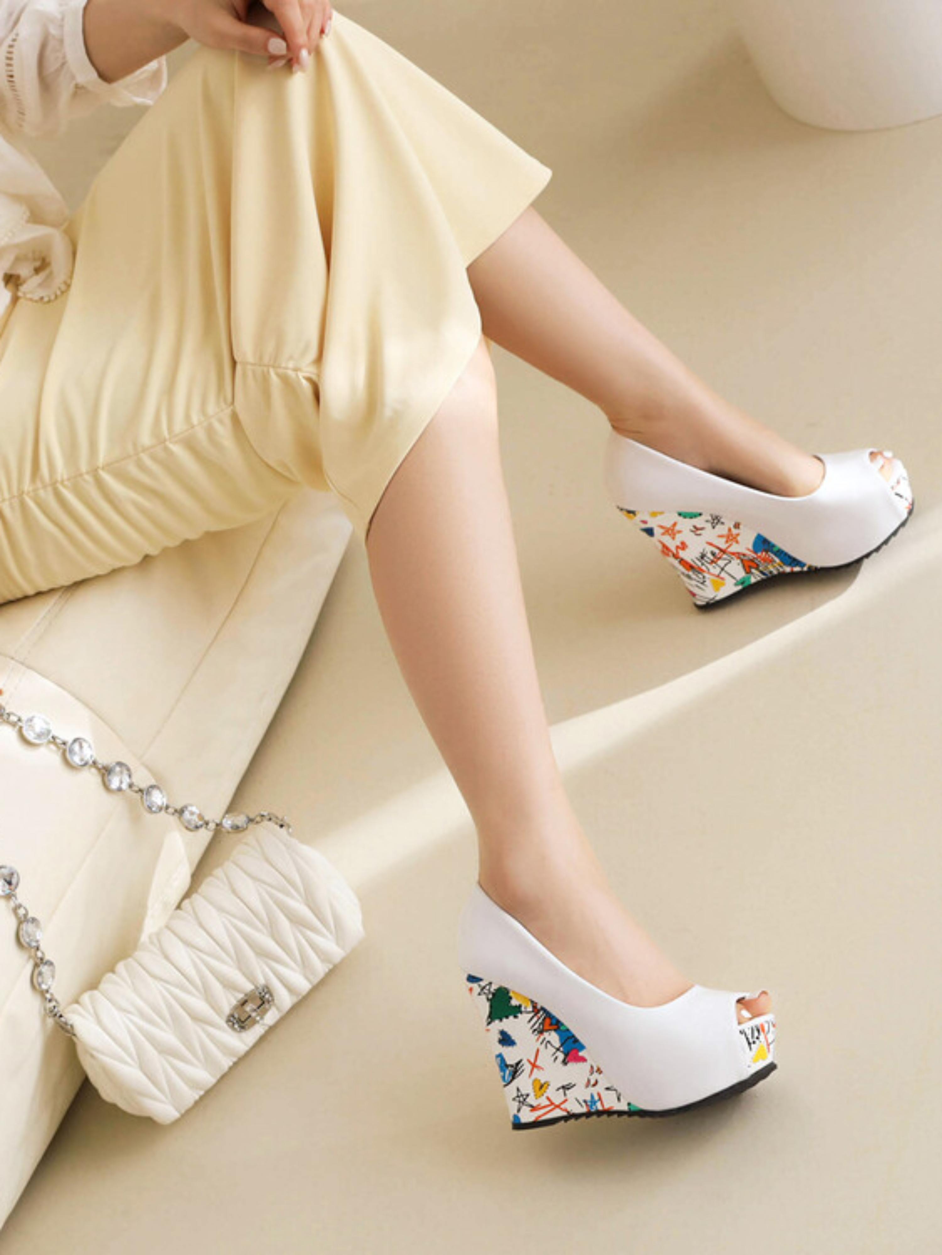 Pop Art White Peep Toe Wedge Sandals for Women