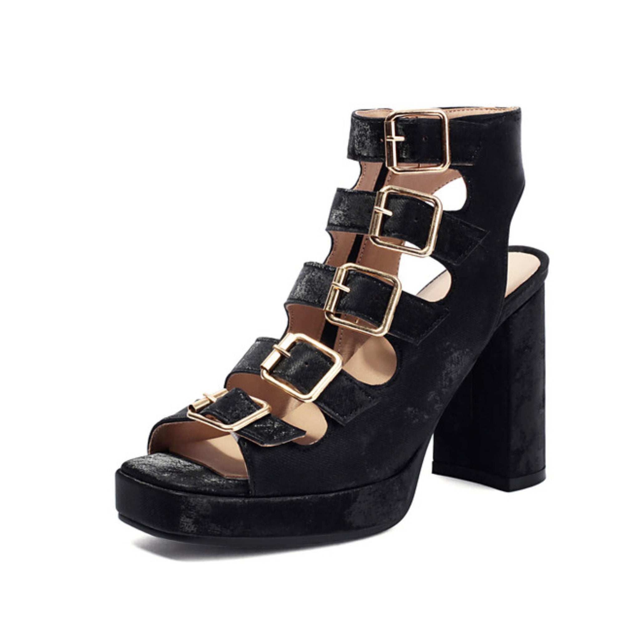 Trendy Platform Heels with Multi-Strap Buckles Black Sandals for Women