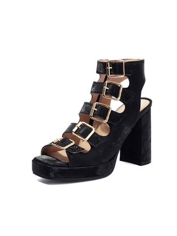 Trendy Platform Heels with Multi-Strap Buckles Black Sandals for Women