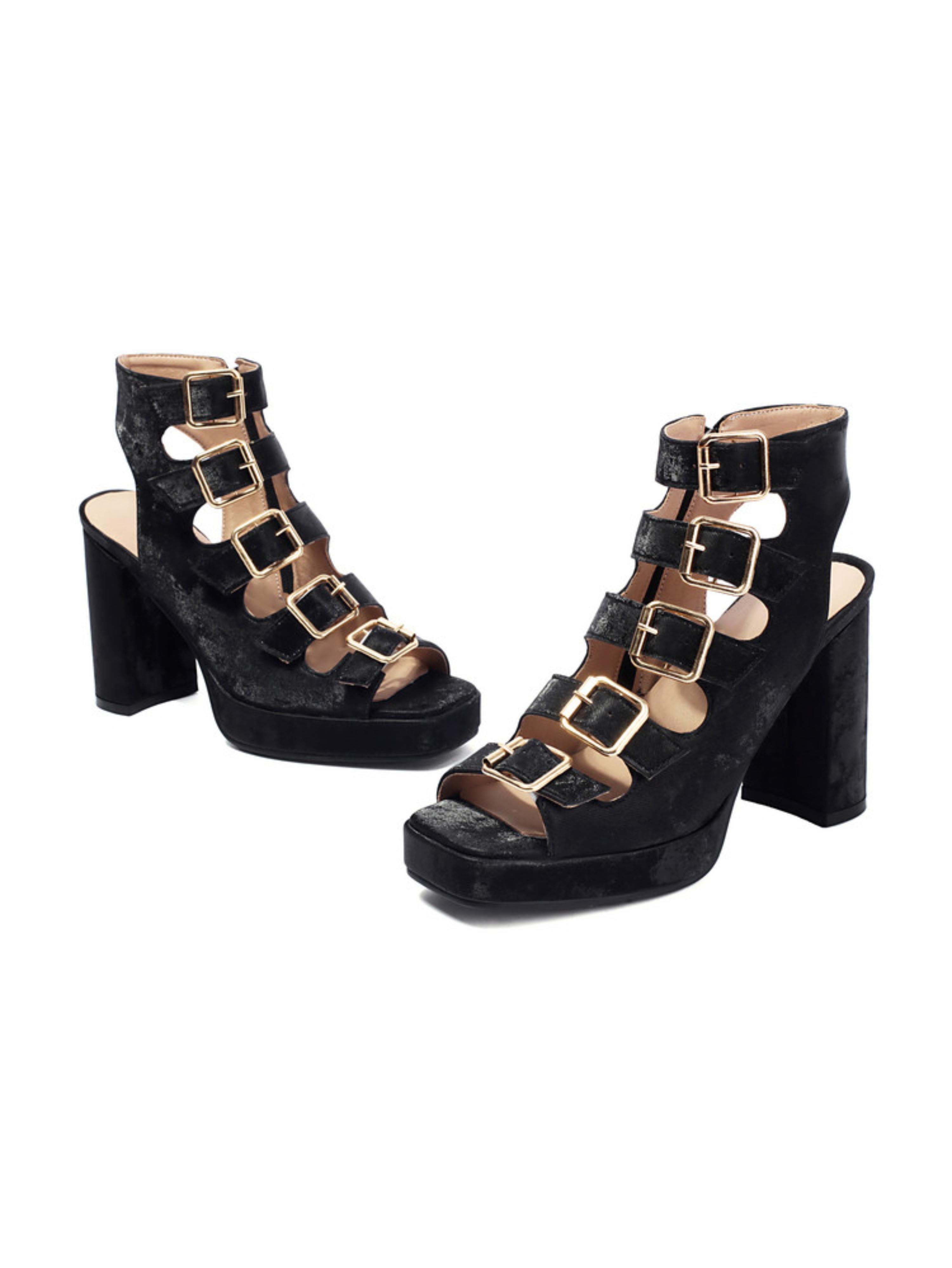 Trendy Platform Heels with Multi-Strap Buckles Black Sandals for Women