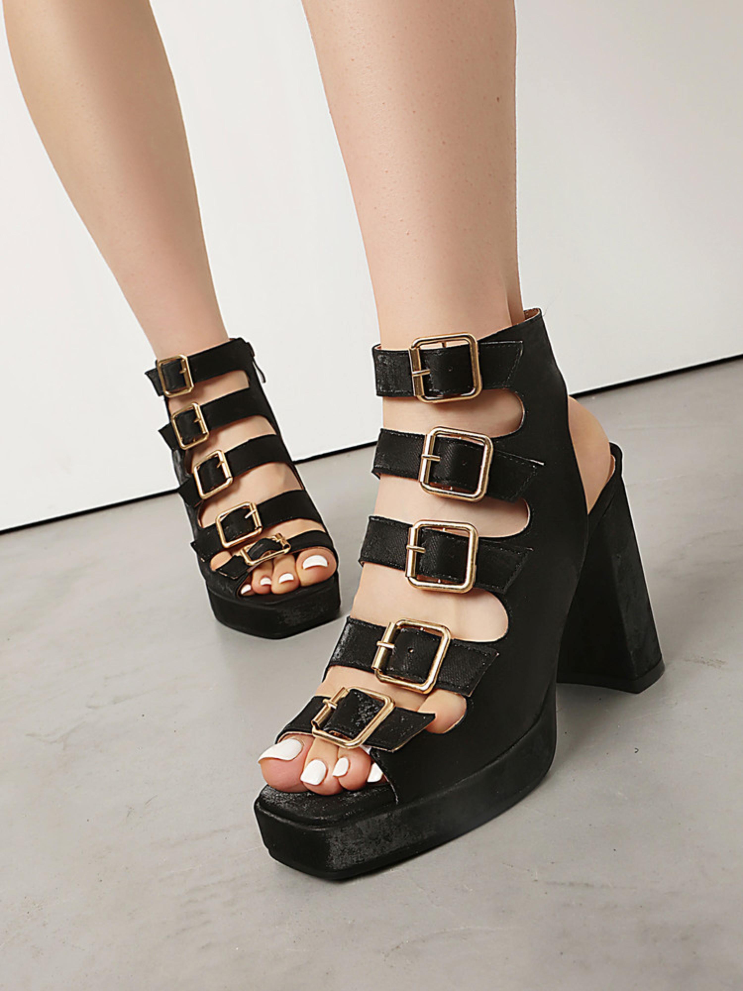 Trendy Platform Heels with Multi-Strap Buckles Black Sandals for Women