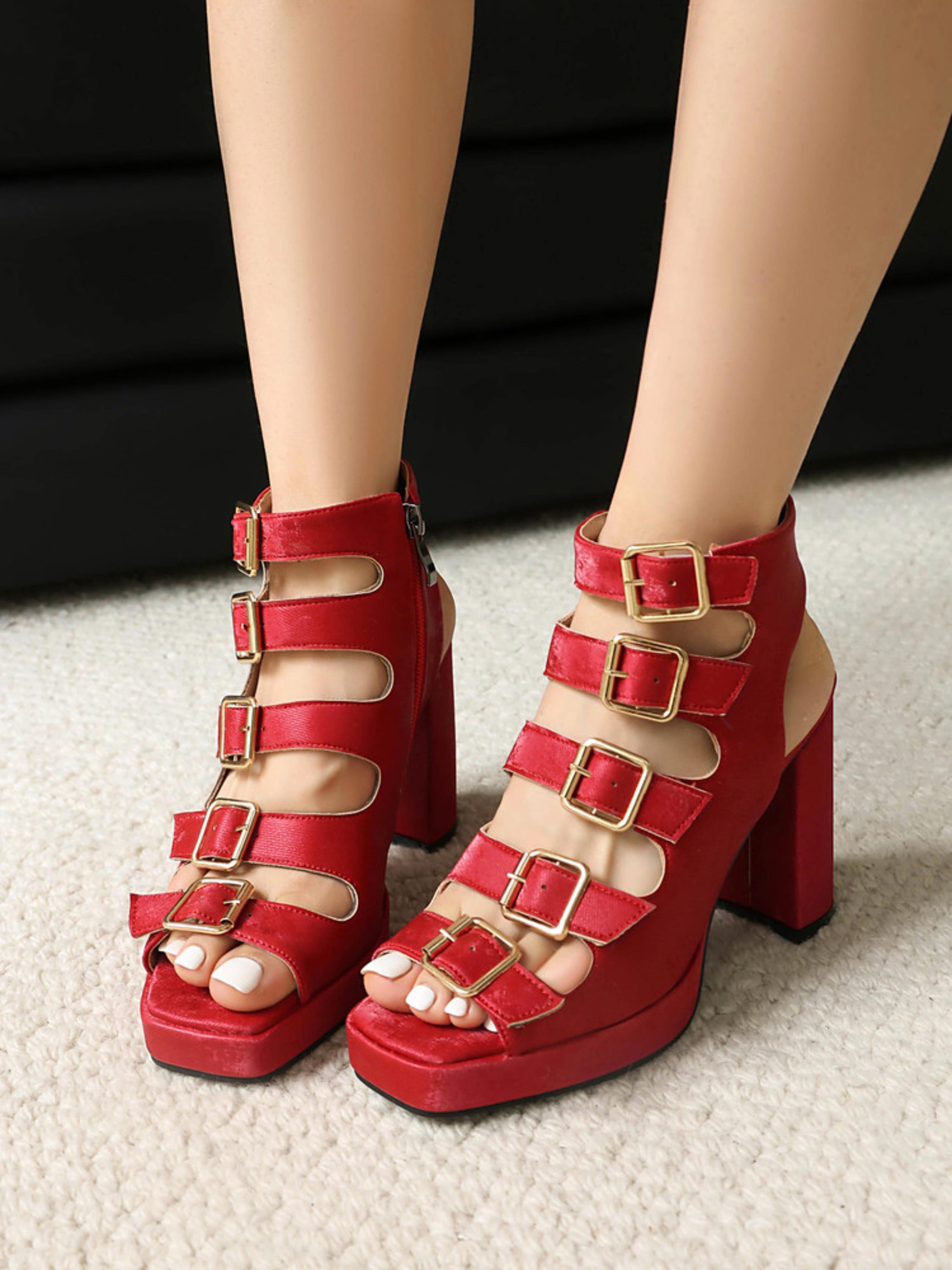 Stylish Red Heel Sandals for Women with Multiple Adjustable Buckle Straps