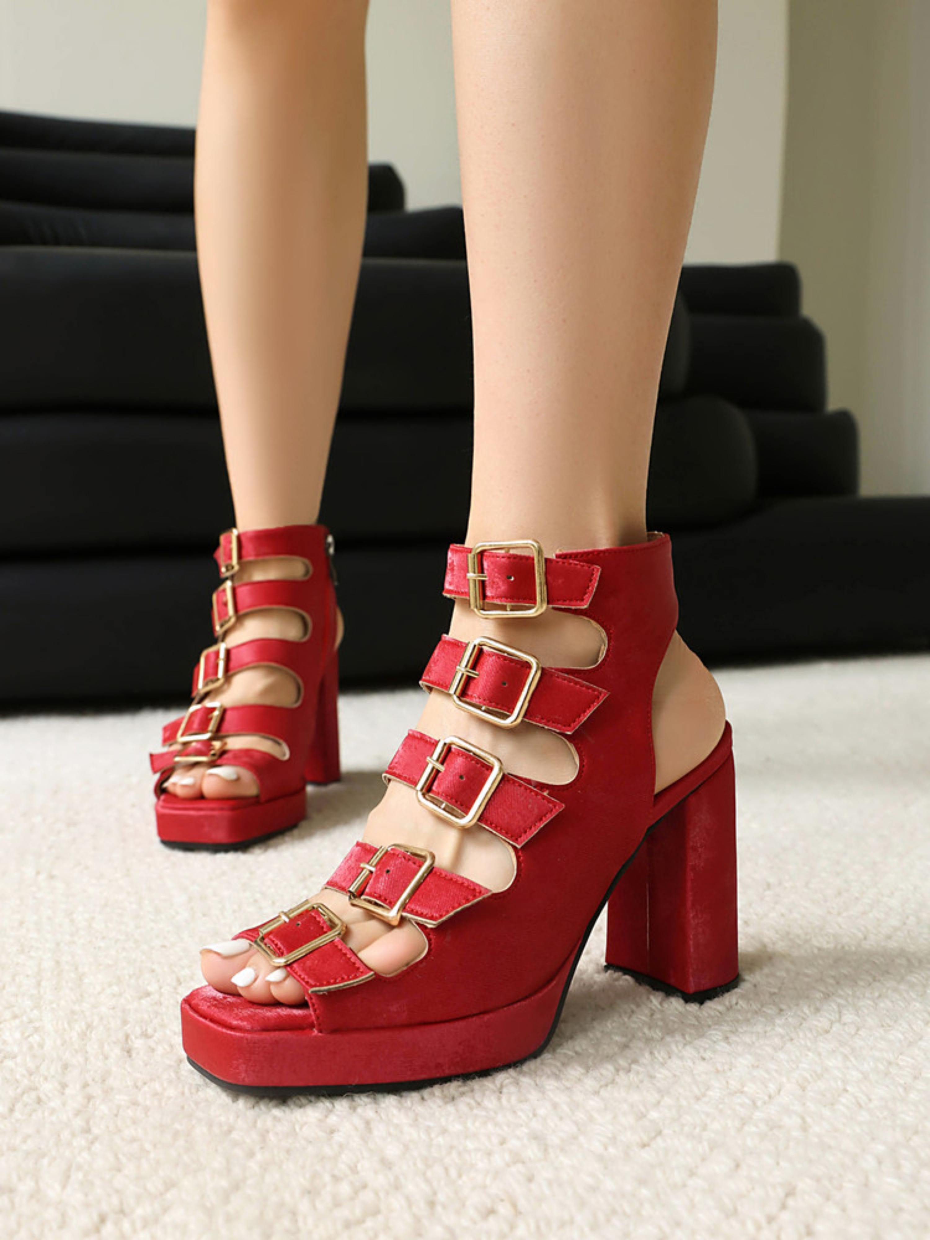 Stylish Red Heel Sandals for Women with Multiple Adjustable Buckle Straps