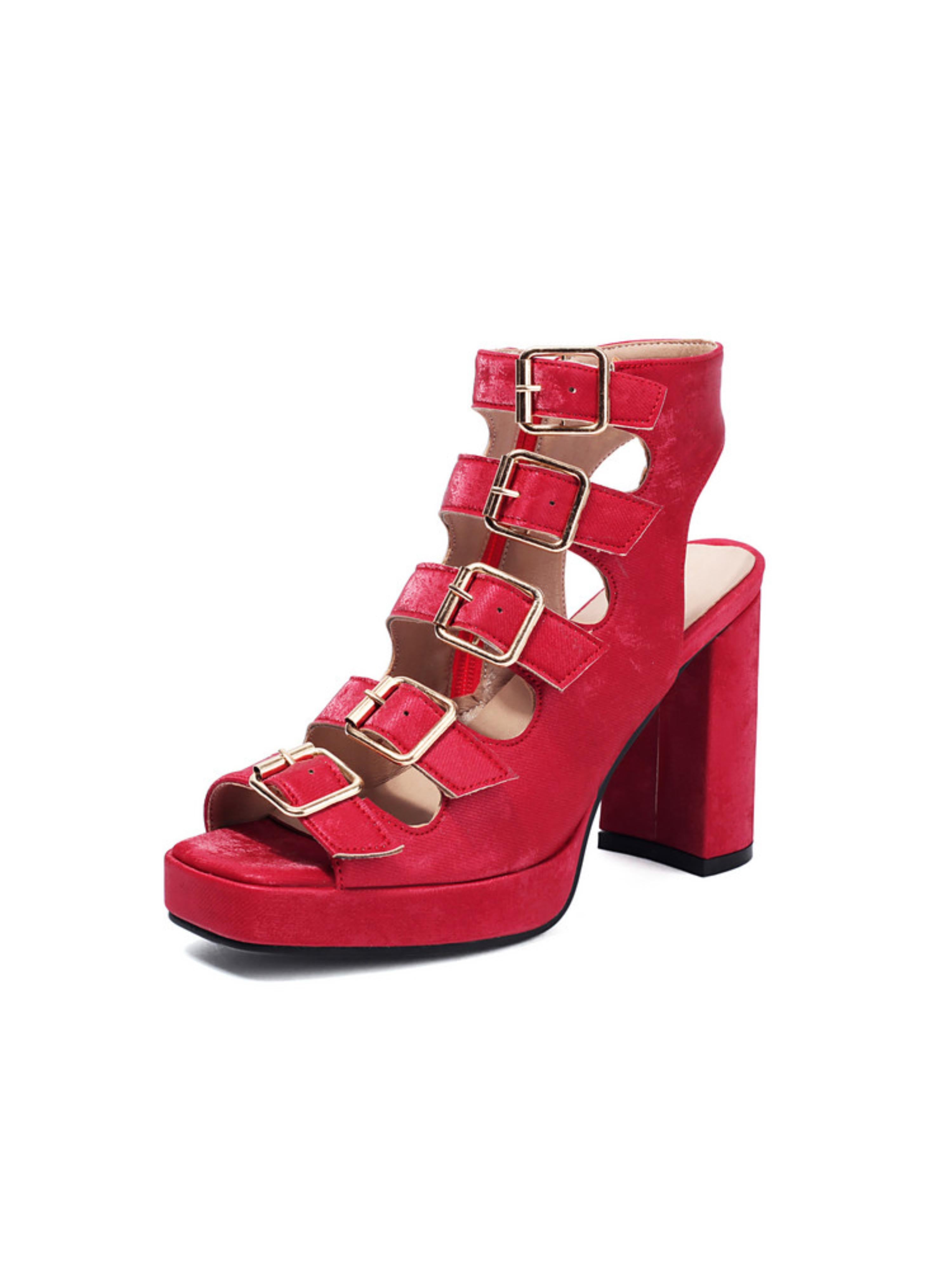Stylish Red Heel Sandals for Women with Multiple Adjustable Buckle Straps