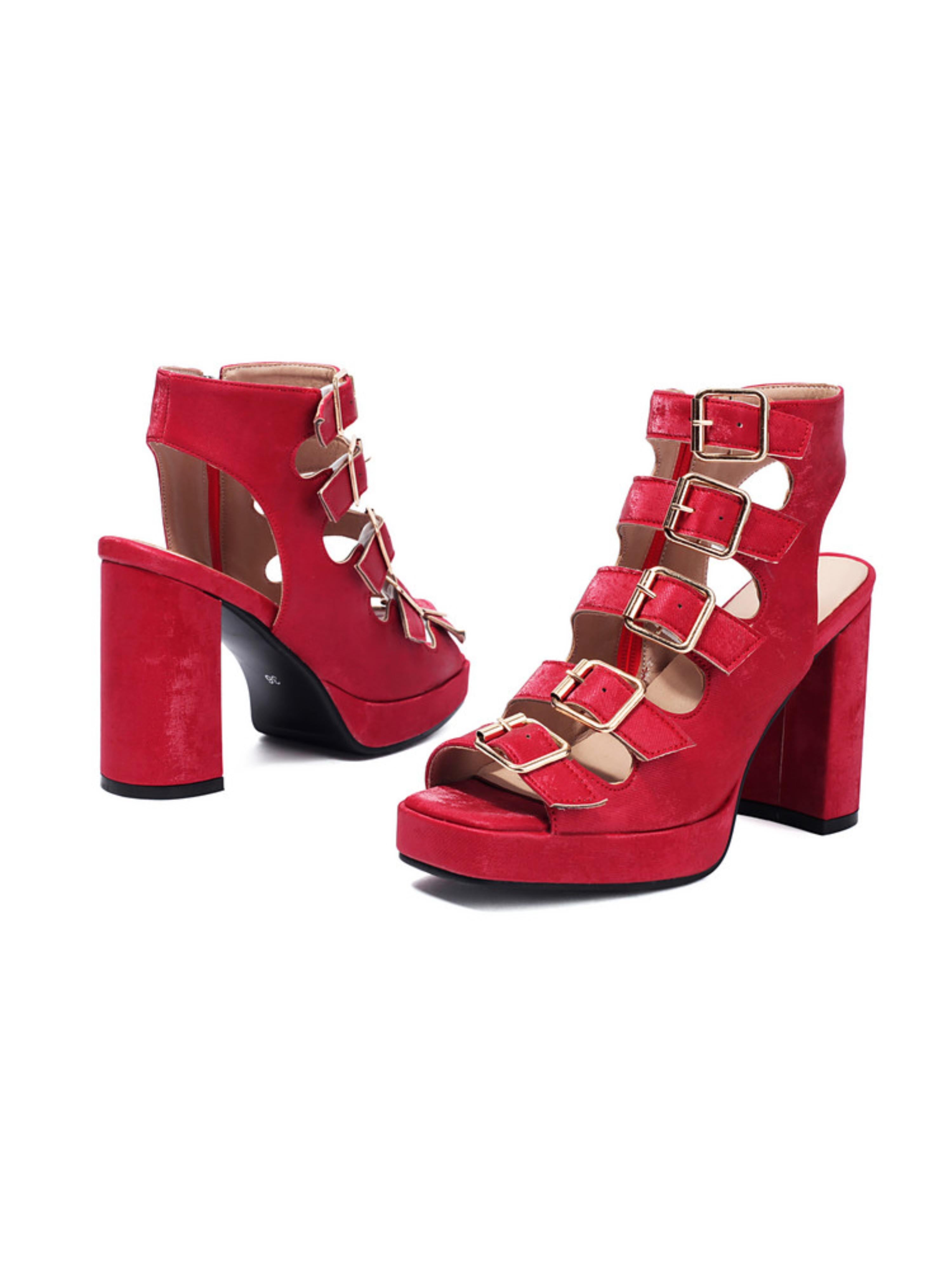 Stylish Red Heel Sandals for Women with Multiple Adjustable Buckle Straps