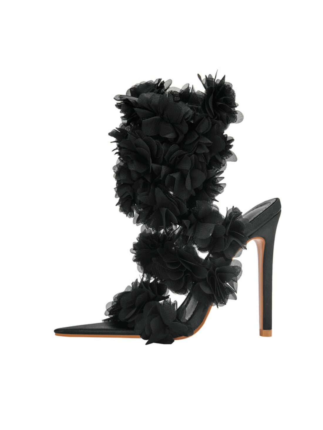 Stiletto Heels Black Sandals for Women with 3D Floral