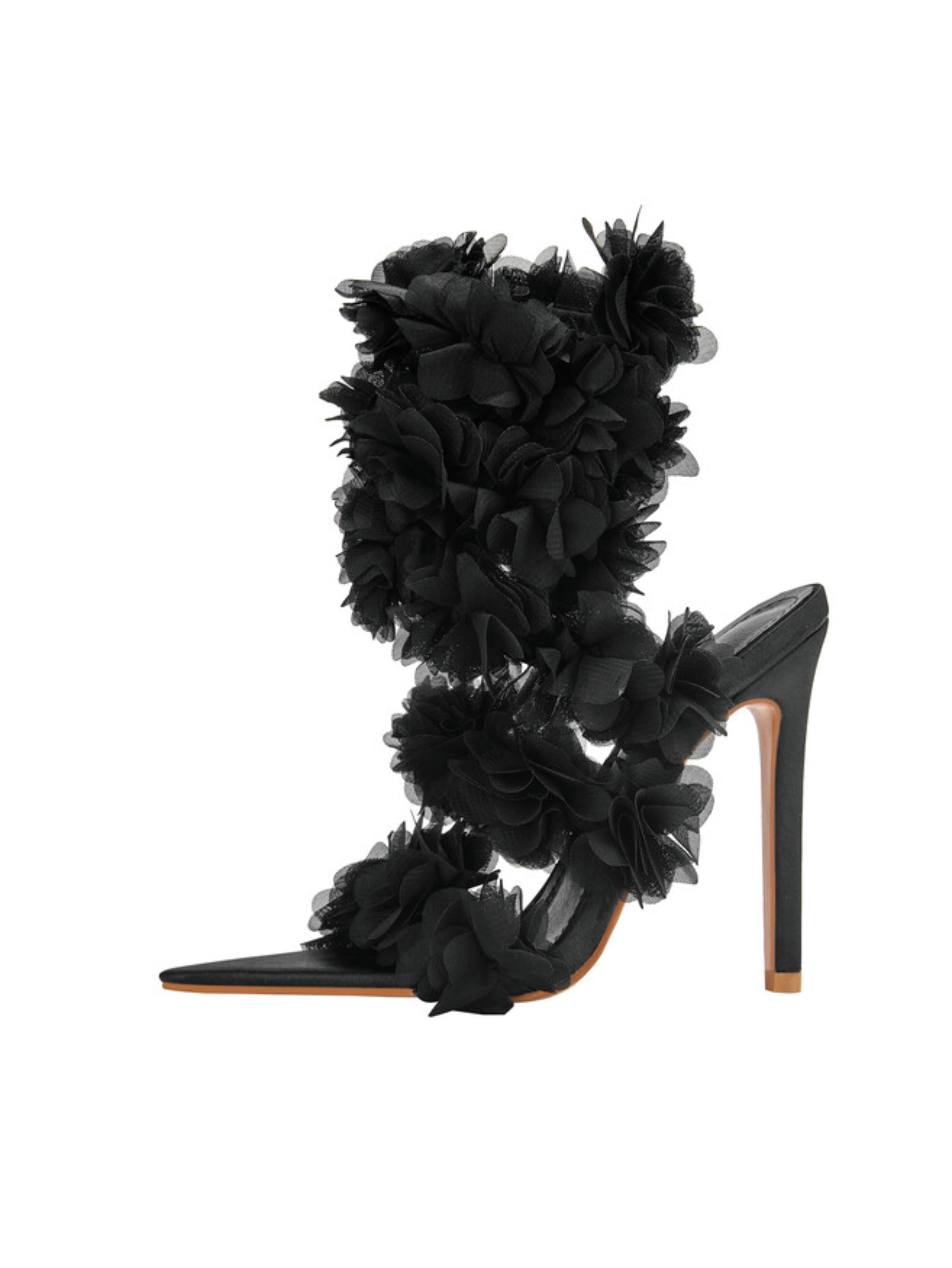 Stiletto Heels Black Sandals for Women with 3D Floral