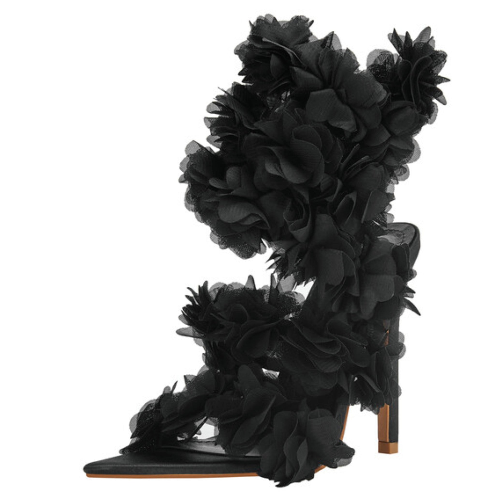 Stiletto Heels Black Sandals for Women with 3D Floral